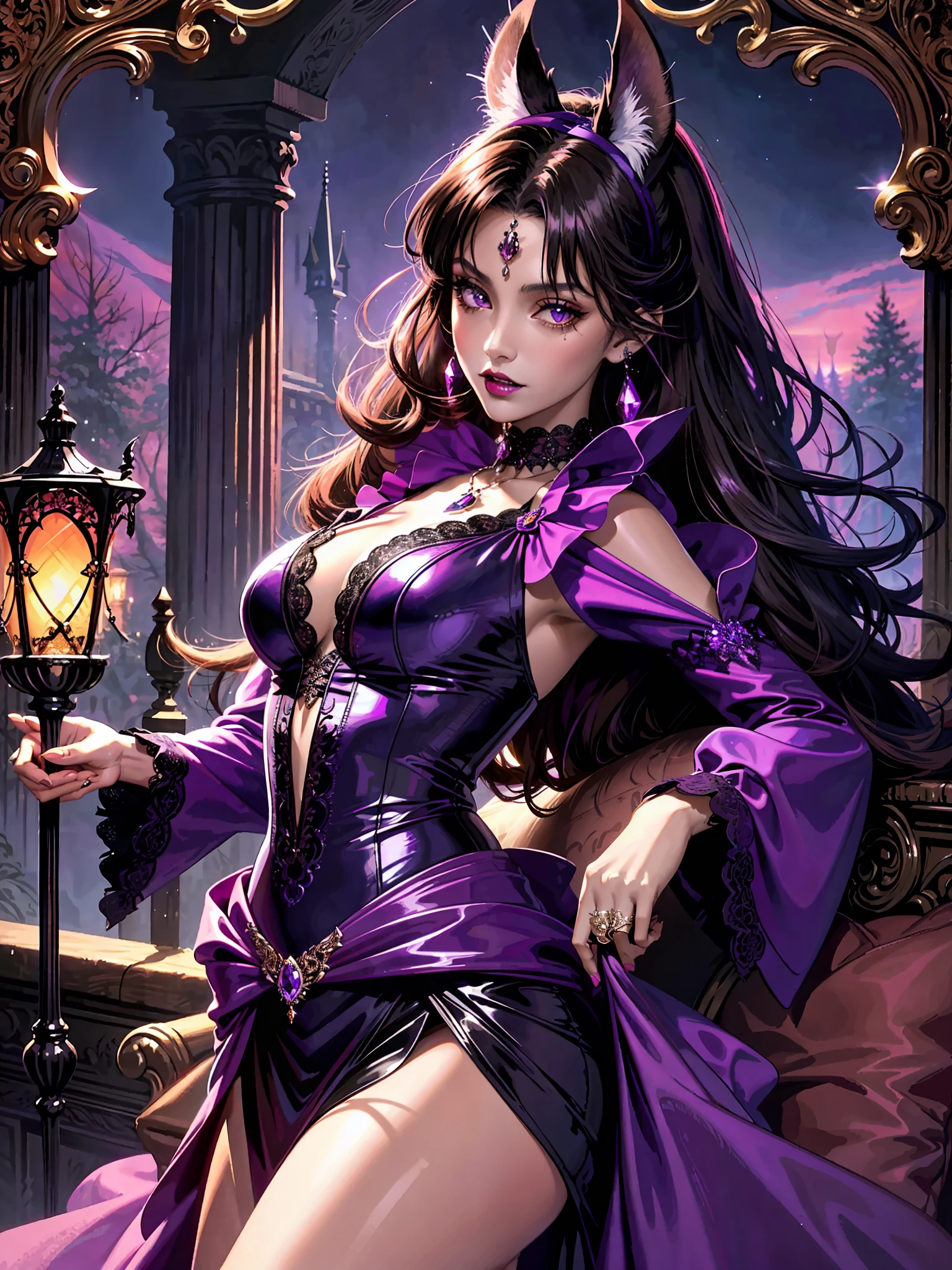 (tanned lustrous) vampire, (masterpiece), intricate details, (retro), ((1999s anime)), ((best quality)), (purple gothic chateau in a forest at night), (gothic long tight sparkly) shiny [purple orange dress], vampiric ears bat, detailed lace, (natural stones) jewelry, (dark brown lips), choker, slim-thick, extremely detailed, covered, dynamic pose