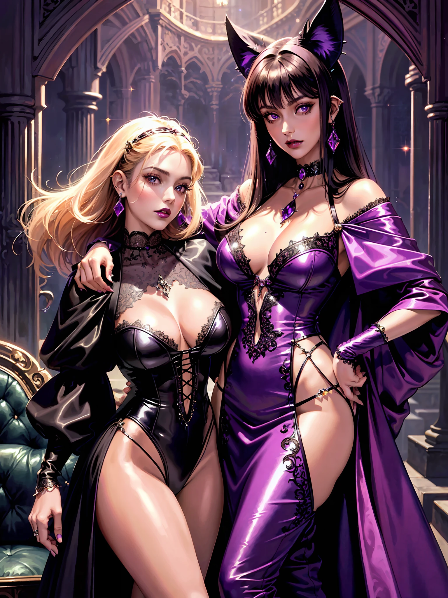 (tanned lustrous) vampire, (masterpiece), intricate details, (retro), ((1999s anime)), ((best quality)), (purple gothic chateau in a forest at night), (gothic long tight sparkly) shiny [purple orange dress], vampiric ears bat, detailed lace, (natural stones) jewelry, (dark brown lips), choker, slim-thick, extremely detailed, covered, dynamic pose