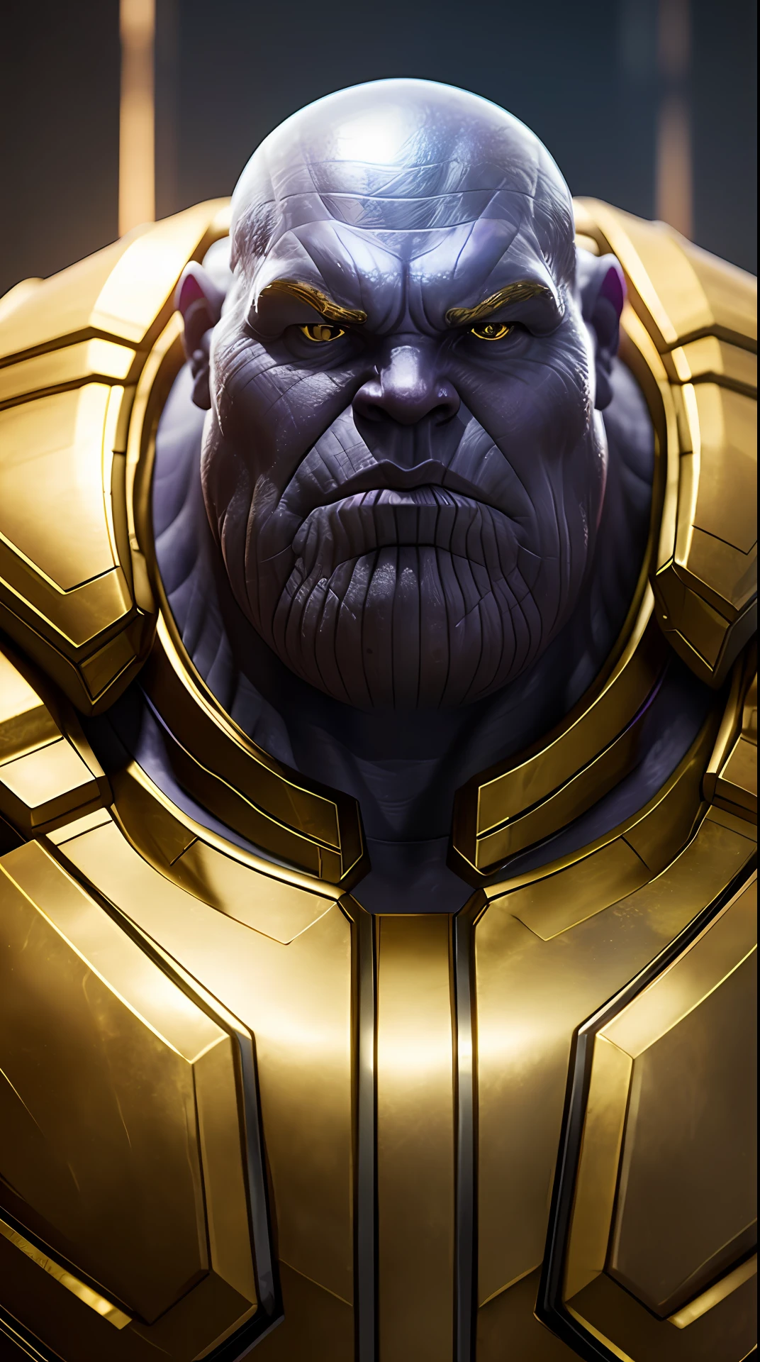 Cinematic soft lighting illuminates a stunningly detailed and ultra-realistic thanos ,blue and gold armor, super strong, muscular, that is trending on ArtStation. Octane is the perfect tool to capture the softest details of this 16k photography masterpiece