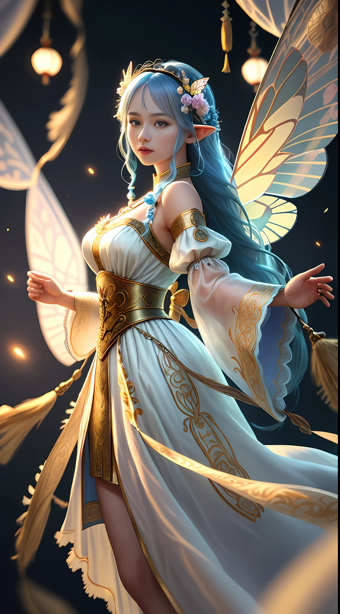 masterpiece, highres, realistic, photographic, exquisite body, gorgeous face, milky skin, intricate details, high resolution, high detail RAW color photo, wallpaper,. 1girl, long hair, bug, pointy ears, butterfly, flower, dress, white hair, solo, detached sleeves, wings, butterfly wings, hair ornament, open mouth, blue eyes, white dress, blue hair,Golden tassels, delicate embroidery patterns,The elaborate braids, the Greek dresses,chinese clothes,many wisteria,Whirlpool, entanglement, colorful flowers, dunhuang clothes,streamer,dancing, .VSCO A7, HDR, highres, depth field, boken, ISO 200, golden hour, vignette, rainbowing, The color is bright, Rich in color, dramatic angle, dynamic pose, overall view, backlight, from the Side below silk, many colorful, multicolored background, film grain, lens flare, dutch angle, motion blur, 16K, best quality,The color is bright, Rich in color style-paintmagic.