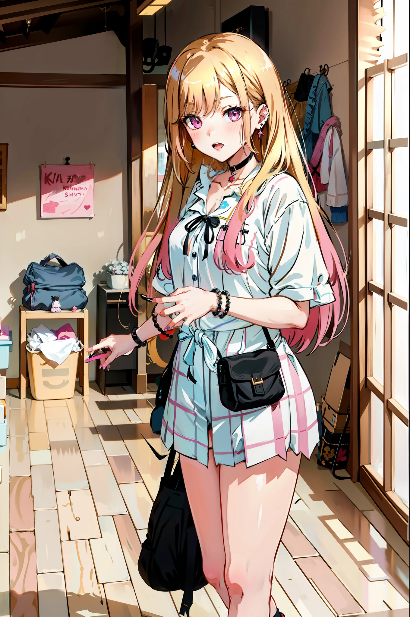 1girl,  Marin Kitagawa, long hair, blonde hair, pink eyes, piercing, earrings, ear piercing, stud earrings, black choker,  bead bracelet, wrist scrunchie, long fingernails, gyaru, shy, white toe socks, clogs,, (masterpiece:1.2), highres, best quality, 8k, very clear, kitagawa marin,