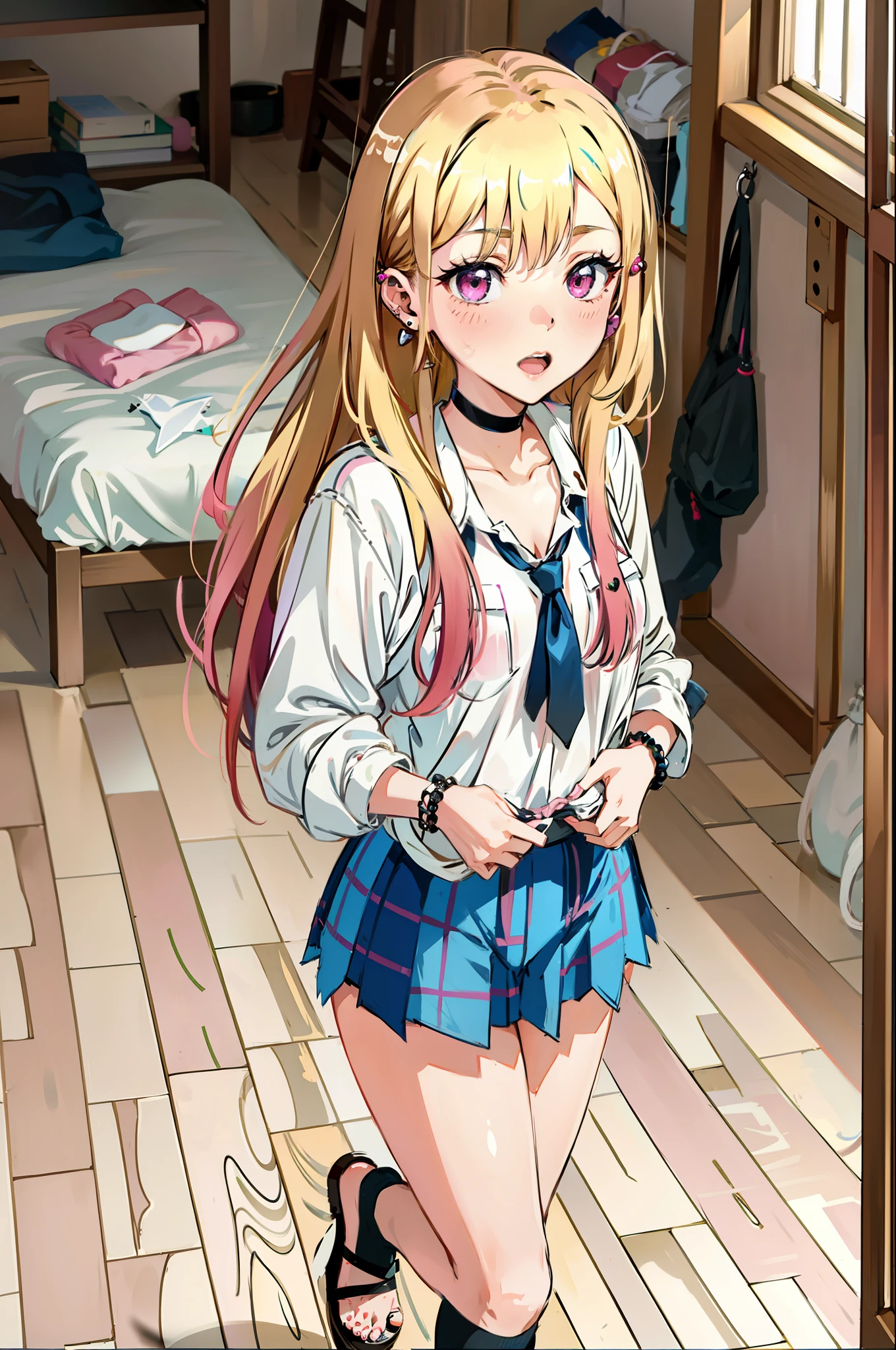 1girl, Marin Kitagawa, long hair, blonde hair, pink eyes, piercing, earrings, ear piercing, stud earrings, black choker, bead bracelet, wrist scrunchie, long fingernails, gyaru, shy, white toe socks, clogs,, (masterpiece:1.2), highres, best quality, 8k, very clear, kitagawa marin,