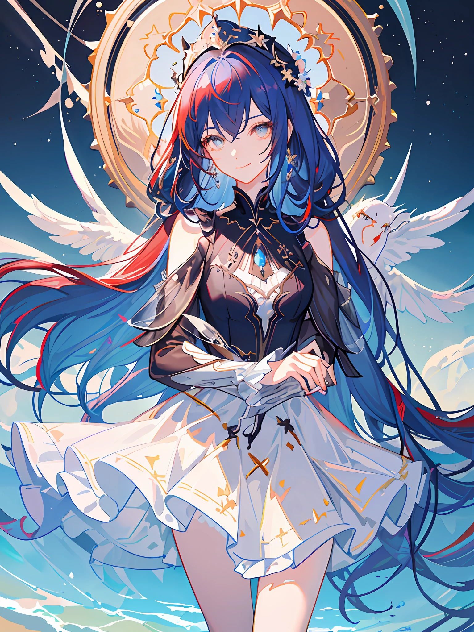 masterpiece,best quality,best quality,Amazing,beautiful detailed eyes,1girl,fine detail,Depth offield,extremely detailed CG unity 8k wallpaper,masterpiece,upper body, red hair,blue streaked hair,palace, holy , white floor length slit dress, mature woman, standing, mid bust, silver headdress, smiling, black high heels, extra long hair, body turned to one side, jewelry, blue flowers in hair, white eyes, close up, cowboy shot