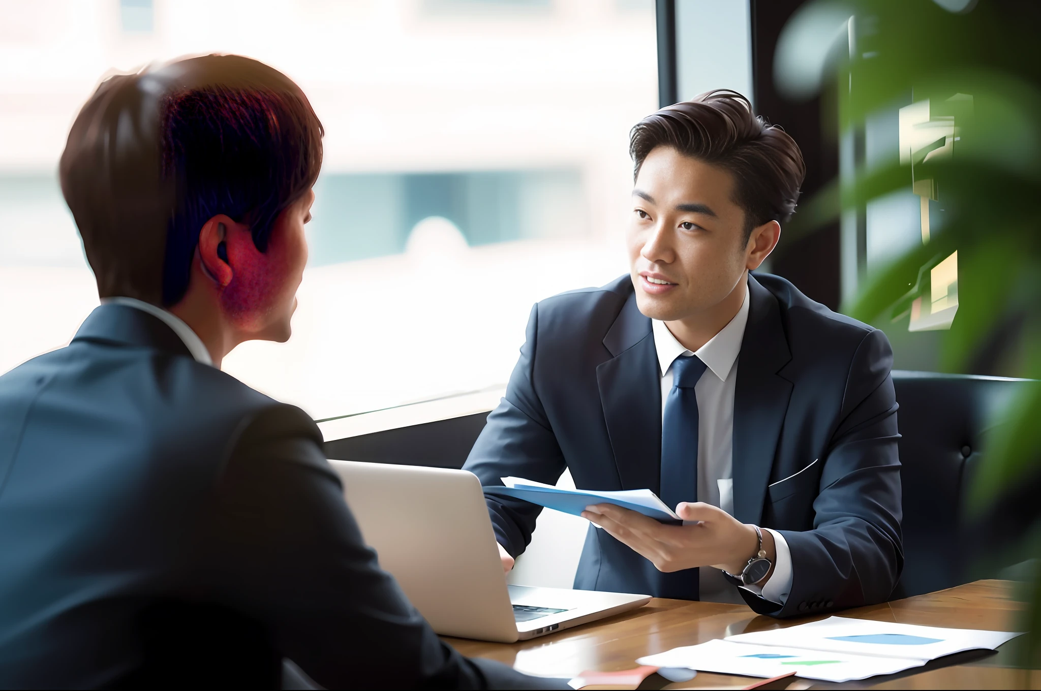 there are two men sitting at a table talking to each other, giving an interview, portrait shot, business meeting, interesting background, professional image, thumbnail, professional cooperate, advertising photo, professional profile picture, professional artwork, transparent background, ad image, detailed professional photo, on a dark background, realistic depiction, high-res, high - res, corporate business, beginner