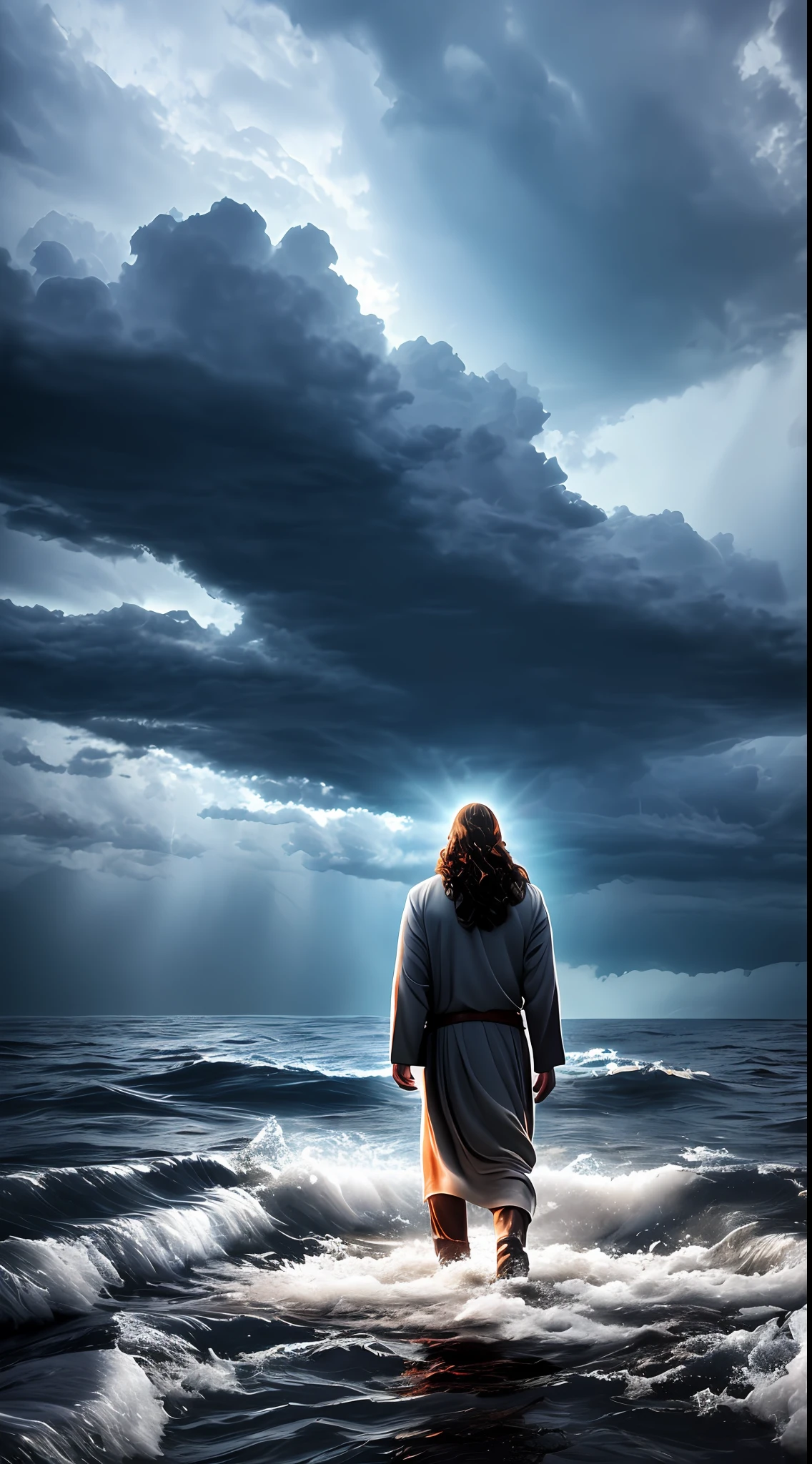 Jesus nazarene walking above water, lean body, storm background, lighting, dynamic, HDR, very detailed, 8k, photorealistic, fantastic backlight, looking at the camera, extending left hand