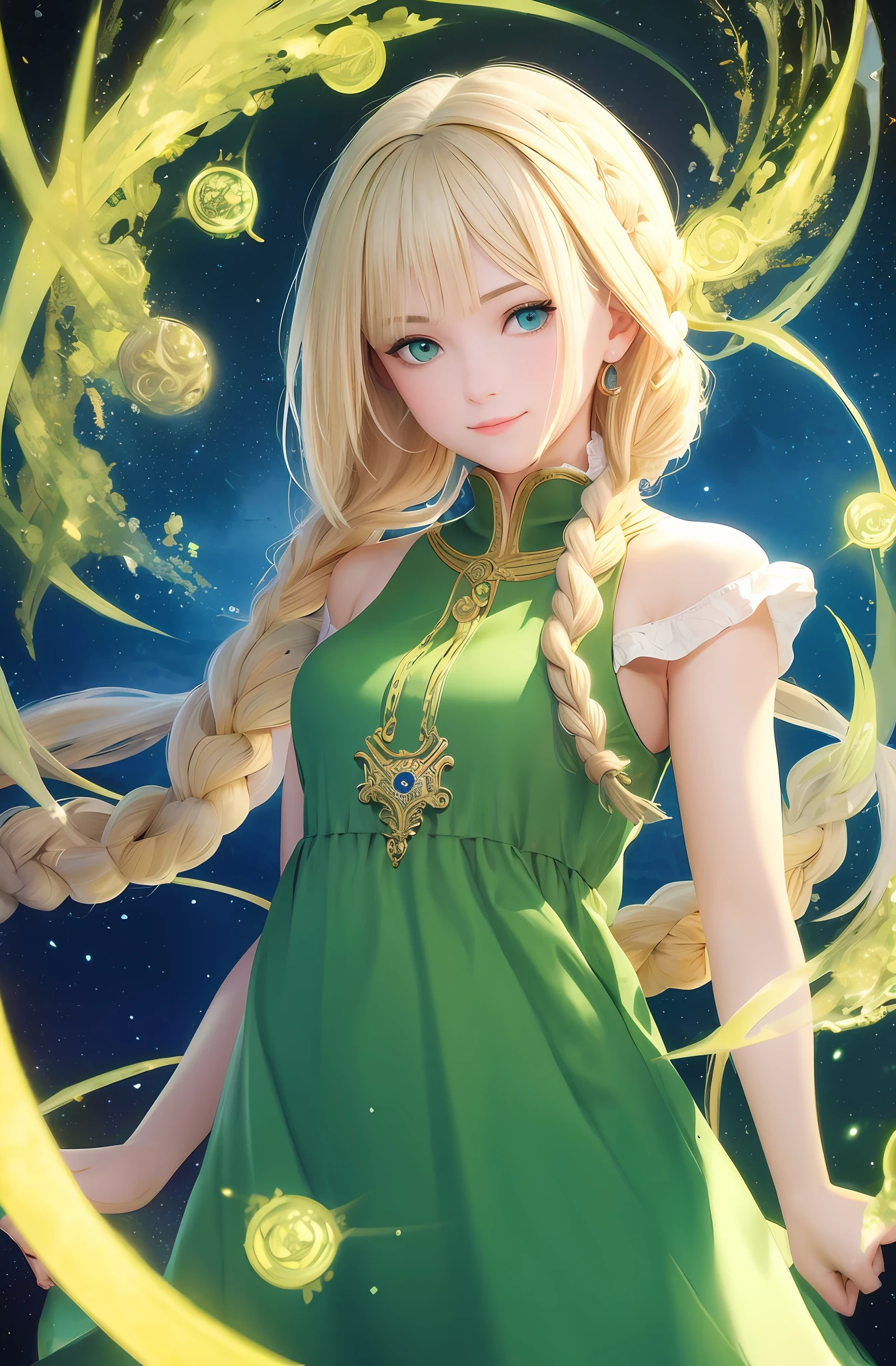 best quality, masterpiece, upper body,
(adult:1.6) ukrainian woman, (smirk:0.4), 
braided blonde hair,
emerald eyes,
medieval sundress,
 floating light particles, centered,