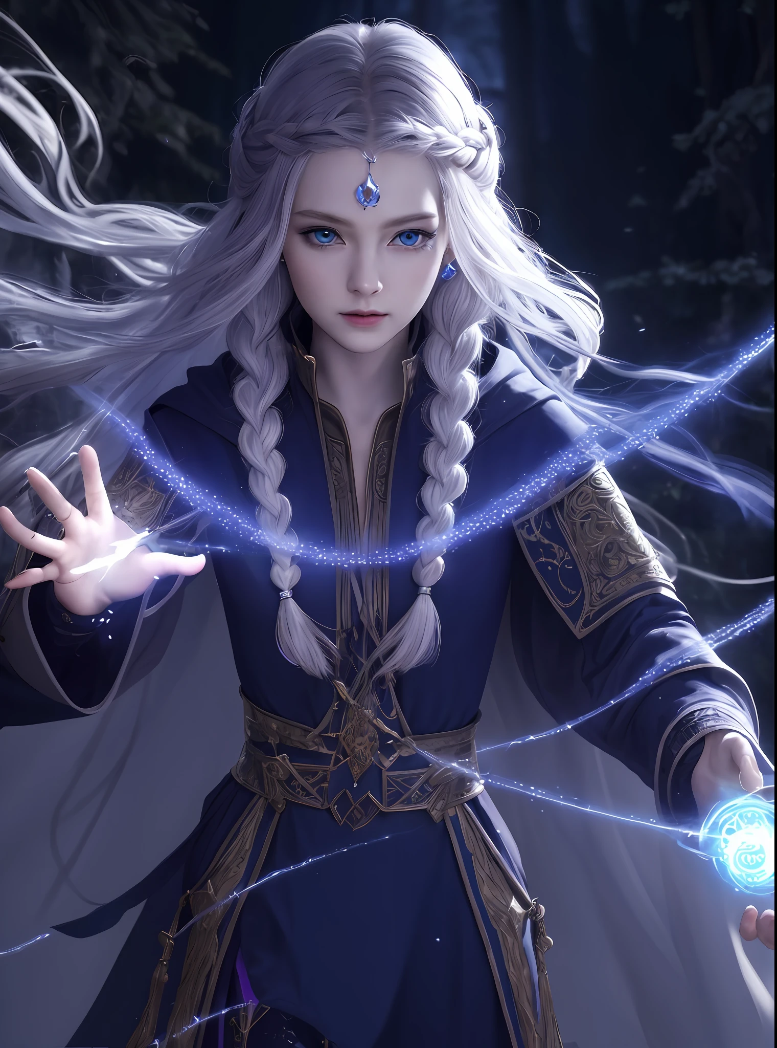 (extremely detailed CG unity 8k wallpaper,masterpiece, best quality, ultra-detailed, an extremely delicate and beautiful),floating, 

[(1girl),(female), (sorceress), blue eyes, long black hair, intricate braids, purple cloak, silver staff, magical effects, glowing runes, dark forest, mystic atmosphere].