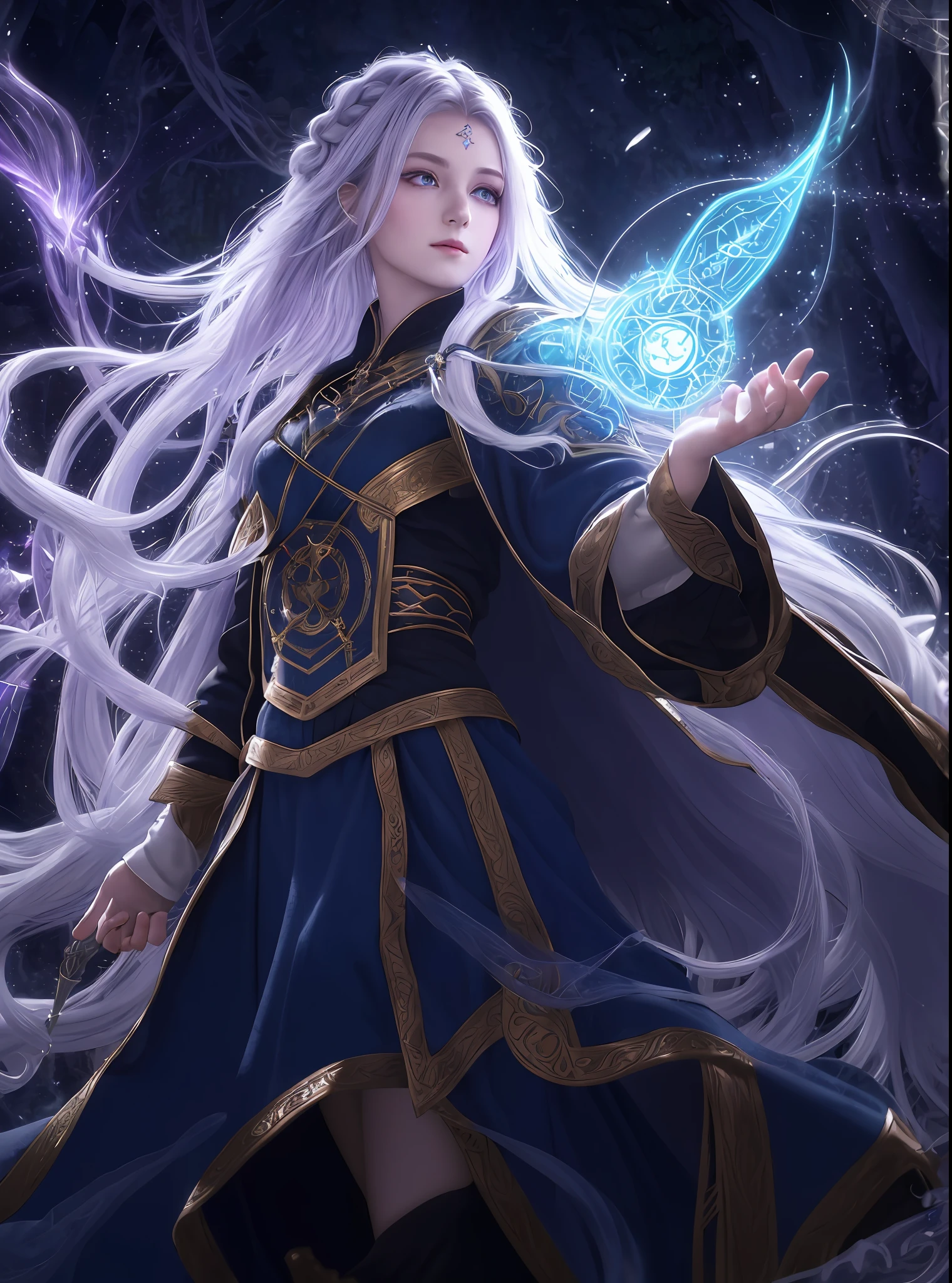 (extremely detailed CG unity 8k wallpaper,masterpiece, best quality, ultra-detailed, an extremely delicate and beautiful),floating, 

[(1girl),(female), (sorceress), blue eyes, long black hair, intricate braids, purple cloak, silver staff, magical effects, glowing runes, dark forest, mystic atmosphere].
