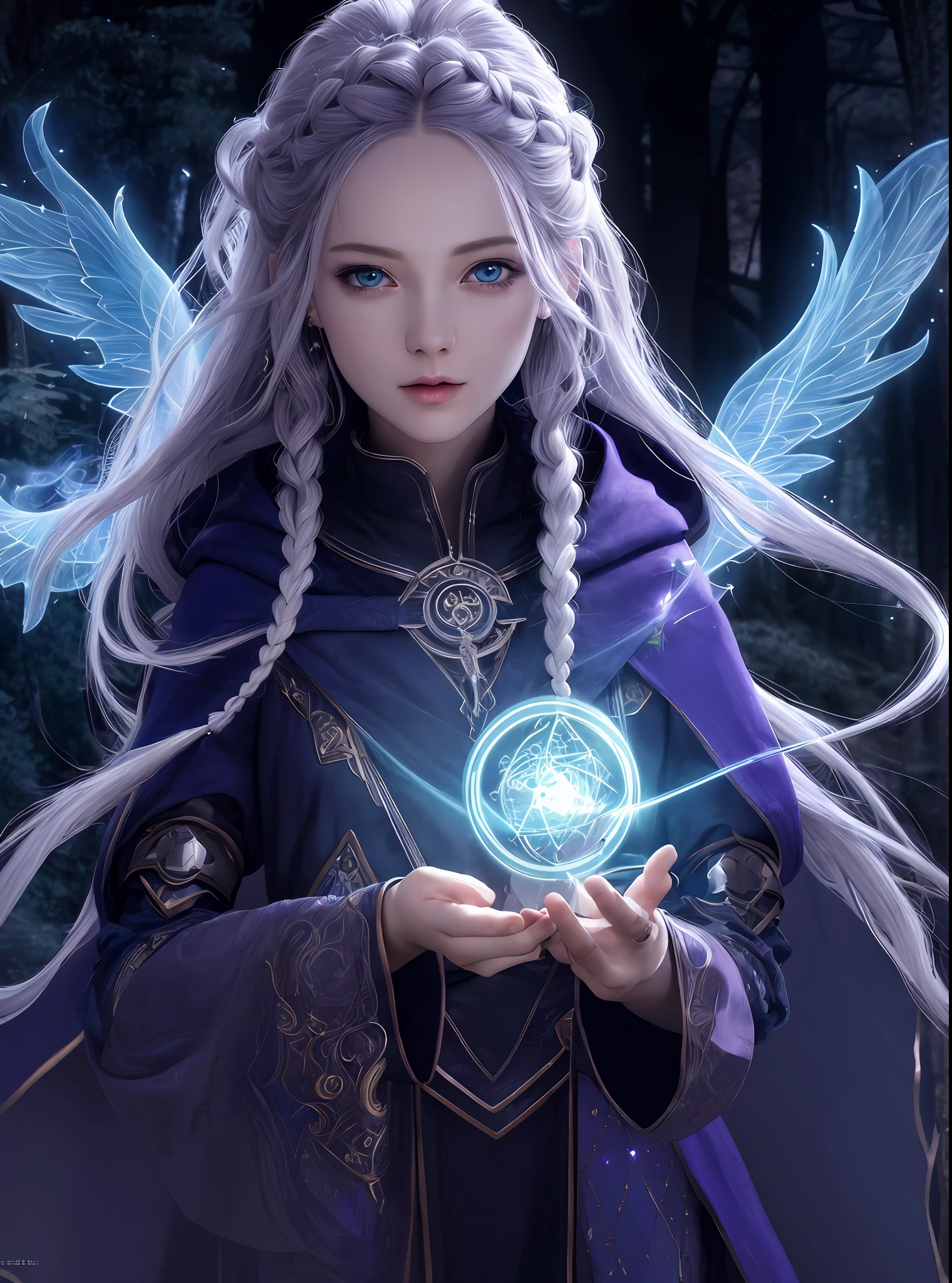 (extremely detailed CG unity 8k wallpaper,masterpiece, best quality, ultra-detailed, an extremely delicate and beautiful),floating, 

[(1girl),(female), (sorceress), blue eyes, long black hair, intricate braids, purple cloak, silver staff, magical effects, glowing runes, dark forest, mystic atmosphere].