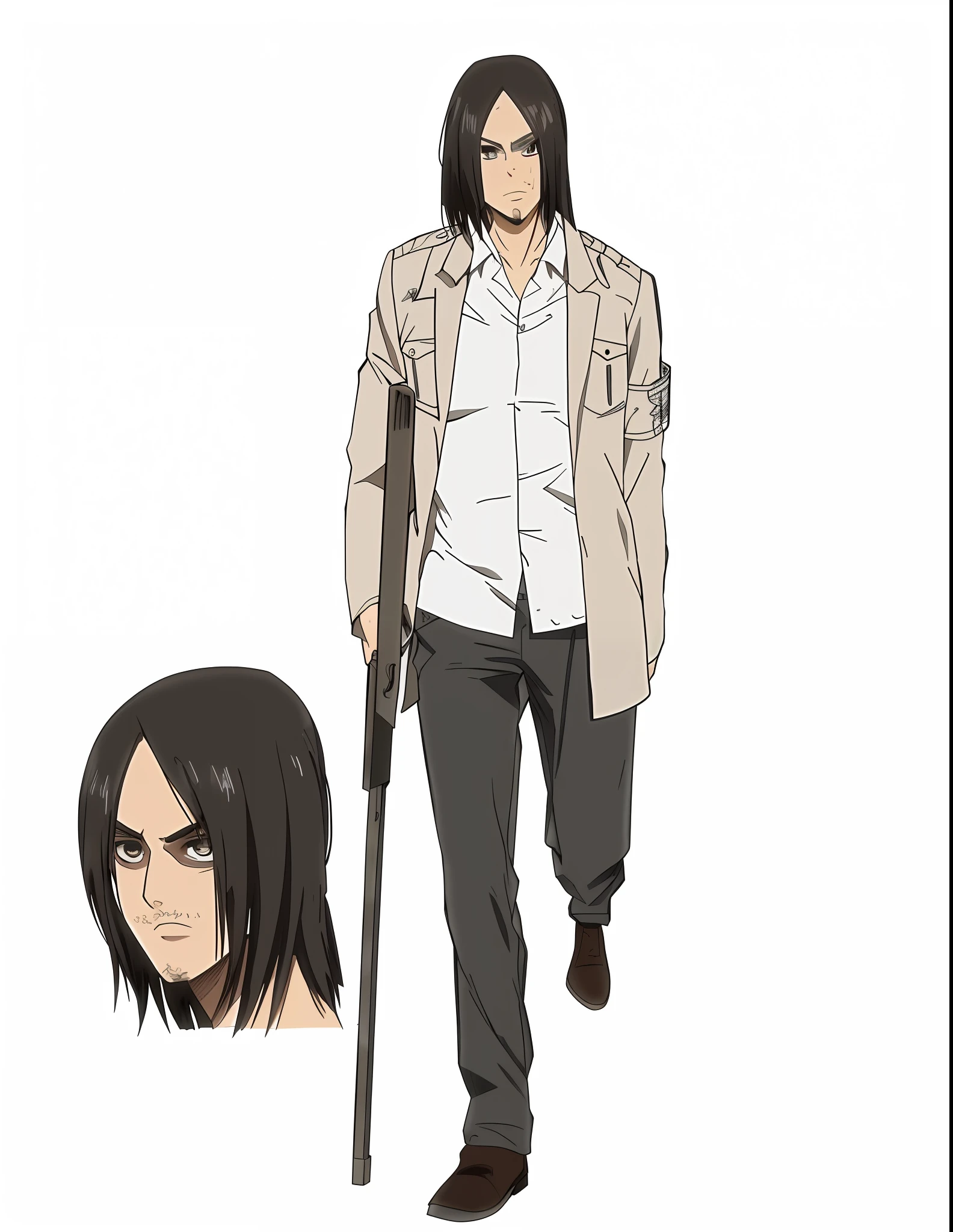 best quality, masterpiece, (realistic: 1.2), 1 man, Eren Jaeger, black jeans, black pants, brown hair, attack on Titan, cold background, black jacket, slim body, high definition, high quality, black clothes