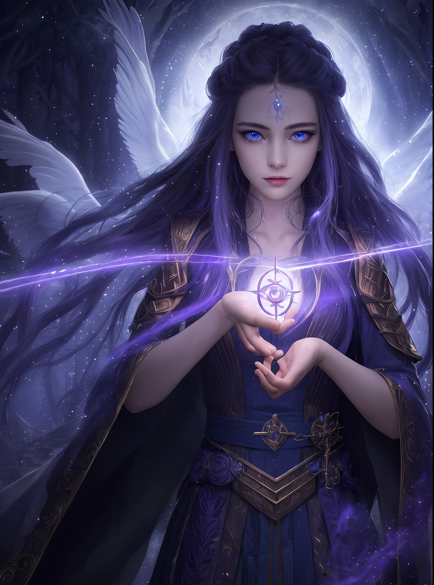(extremely detailed CG unity 8k wallpaper,masterpiece, best quality, ultra-detailed, an extremely delicate and beautiful),floating, 

[(1girl),(female), (sorceress), blue eyes, long black hair, intricate braids, purple cloak, silver staff, magical effects, glowing runes, dark forest, mystic atmosphere].