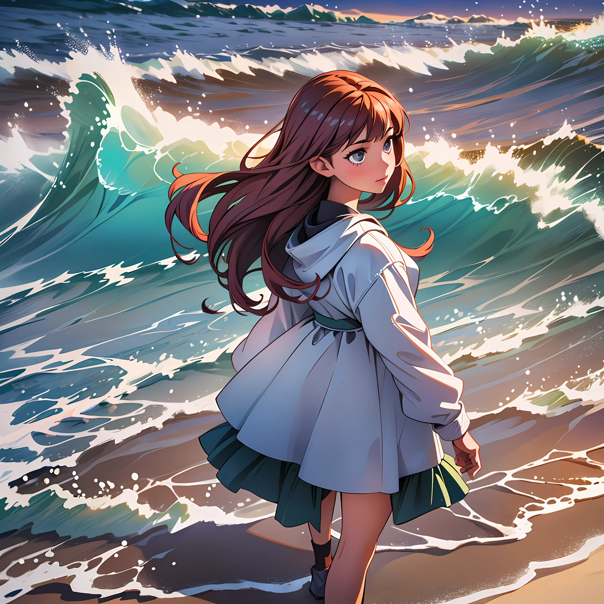 "(((best quality))),(((photorealistic))),illustration,1girl,a girl standing on the beach with waves crashing behind her. Include details such as seagulls flying in the sky and shells scattered on the sand."