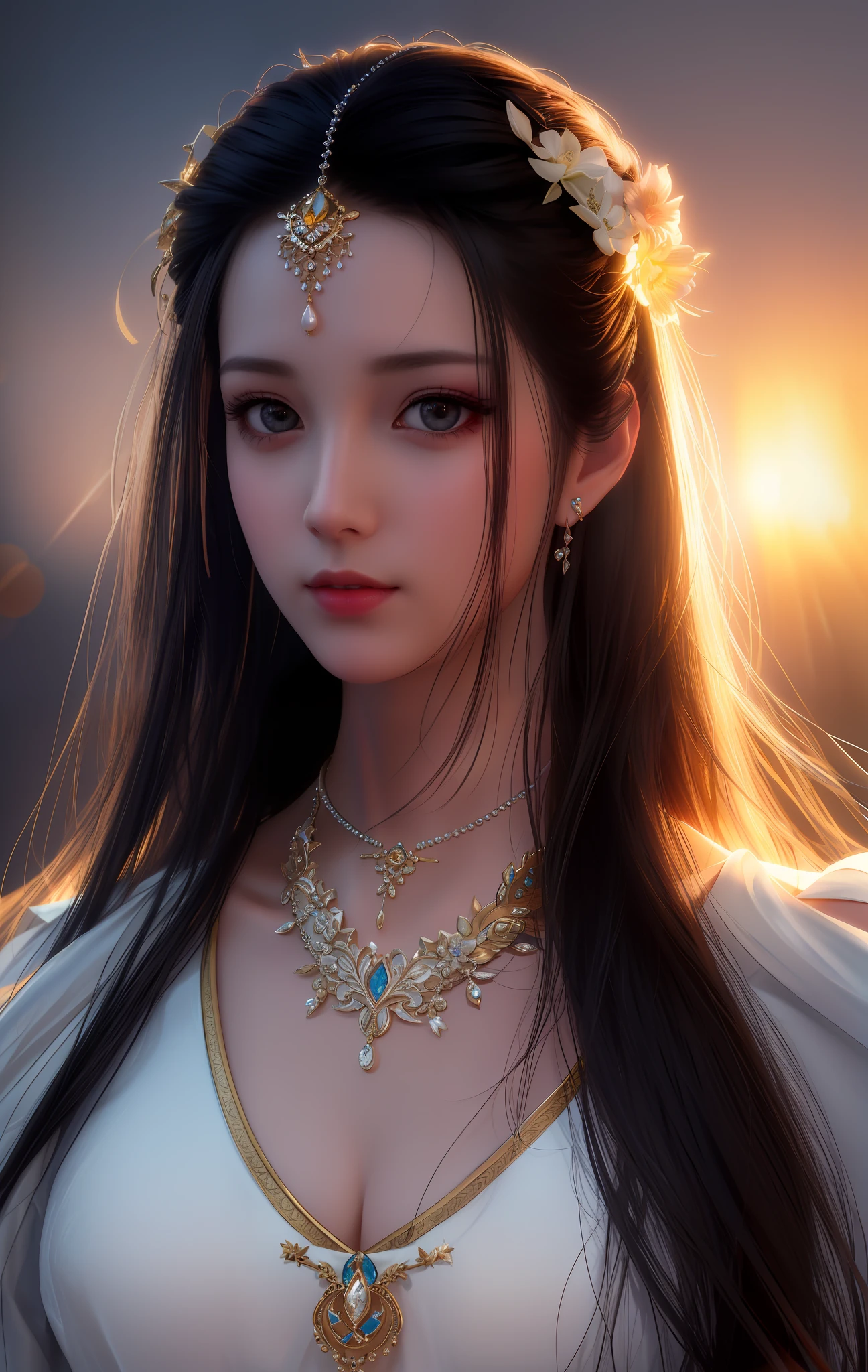 Best Quality, Masterpiece, High Resolution, 1girl, Porcelain Dress, Hair Accessories, Necklace, Jewelry, Beautiful Face, Physically, Tyndall Effect, Realistic, Dark Studio, Rim Lighting, Duotone Lighting, (High Detail Skin : 1.2), 8k uhd, dslr, soft light, high quality, volume light, candid, photo, high resolution, 4k, 8k, bokeh