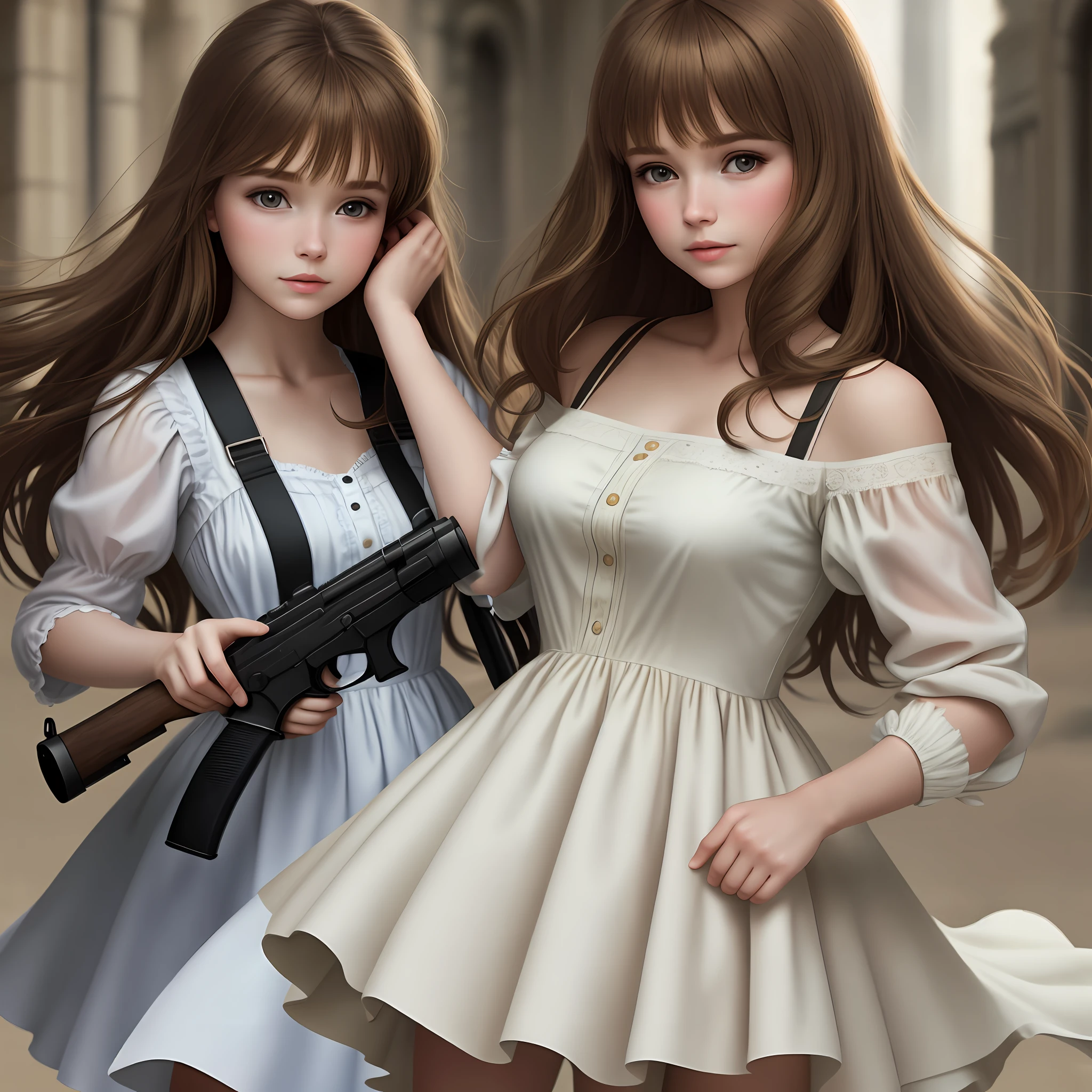 would was ending, woman 1, blond, pretty body, pretty clothes, with baby in your hands, woman 2, brunette woamn, pretty woman, brown hair, pretty body, gun in your hand, child