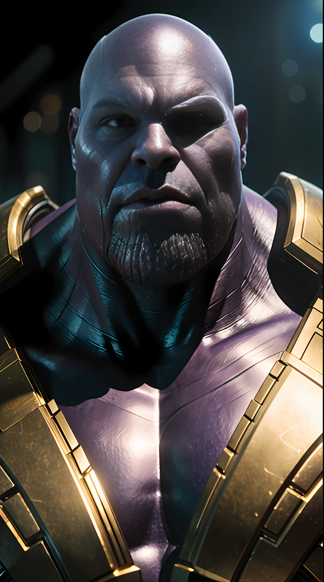 Cinematic soft lighting illuminates a stunningly detailed and ultra-realistic thanos, super strong, muscular, that is trending on ArtStation. Octane is the perfect tool to capture the softest details of this 16k photography masterpiece