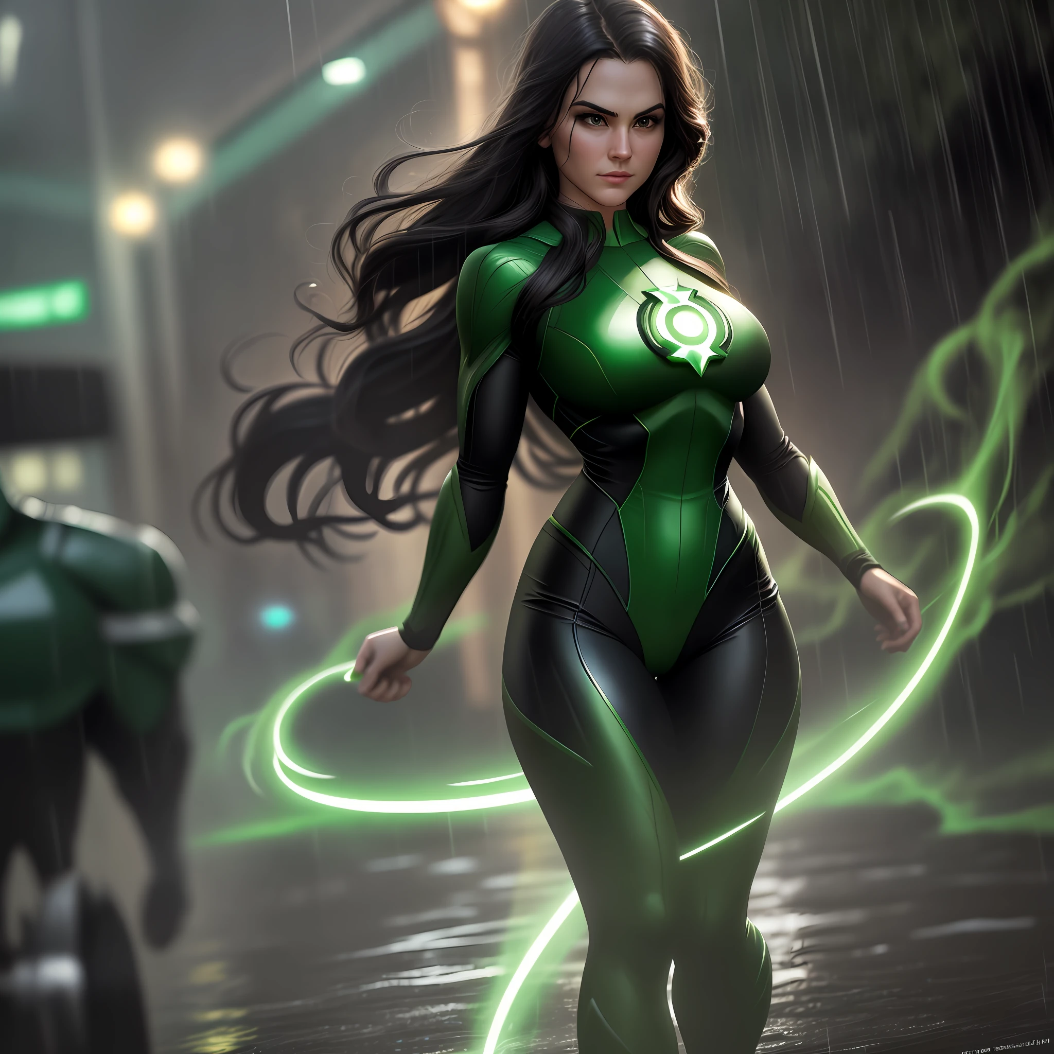 The Green Lantern, 1girl, cinematic, hyper-realistic, photo, 
full body, sexy, cameltoe, 
Detailed skin, HDR, cinematography, rain, epic, back