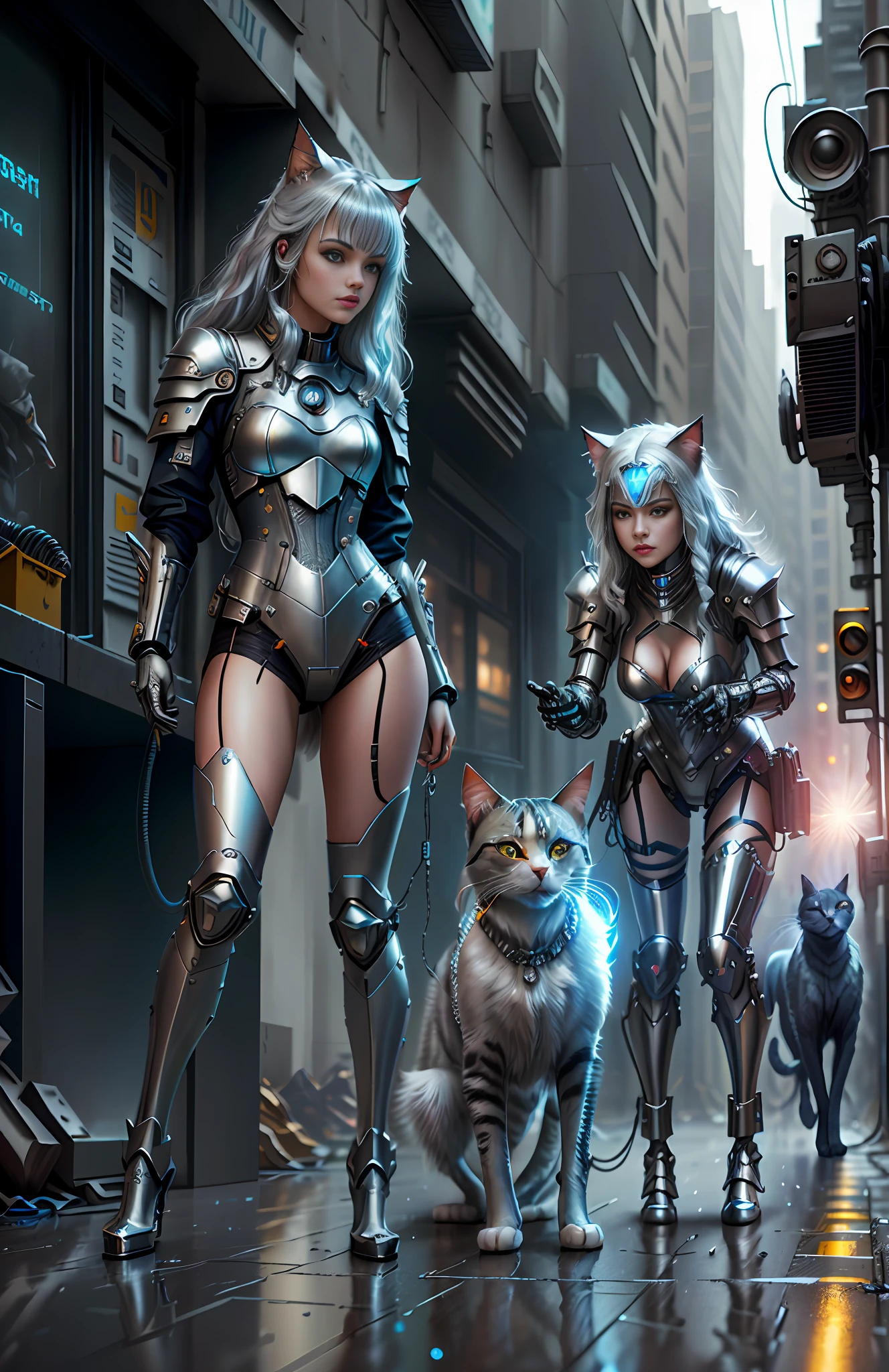 cats in cyber silver armor, dogs in cyber silver armor, on abandoned building, messy floor, cyberpunk technology, cables jaunting, lens flare, by Mathias Kollros, by Julia Pishtar, modeling photography, olivia de bernardinis, by steven belledin, alina ivanchenko, night raining, wet street