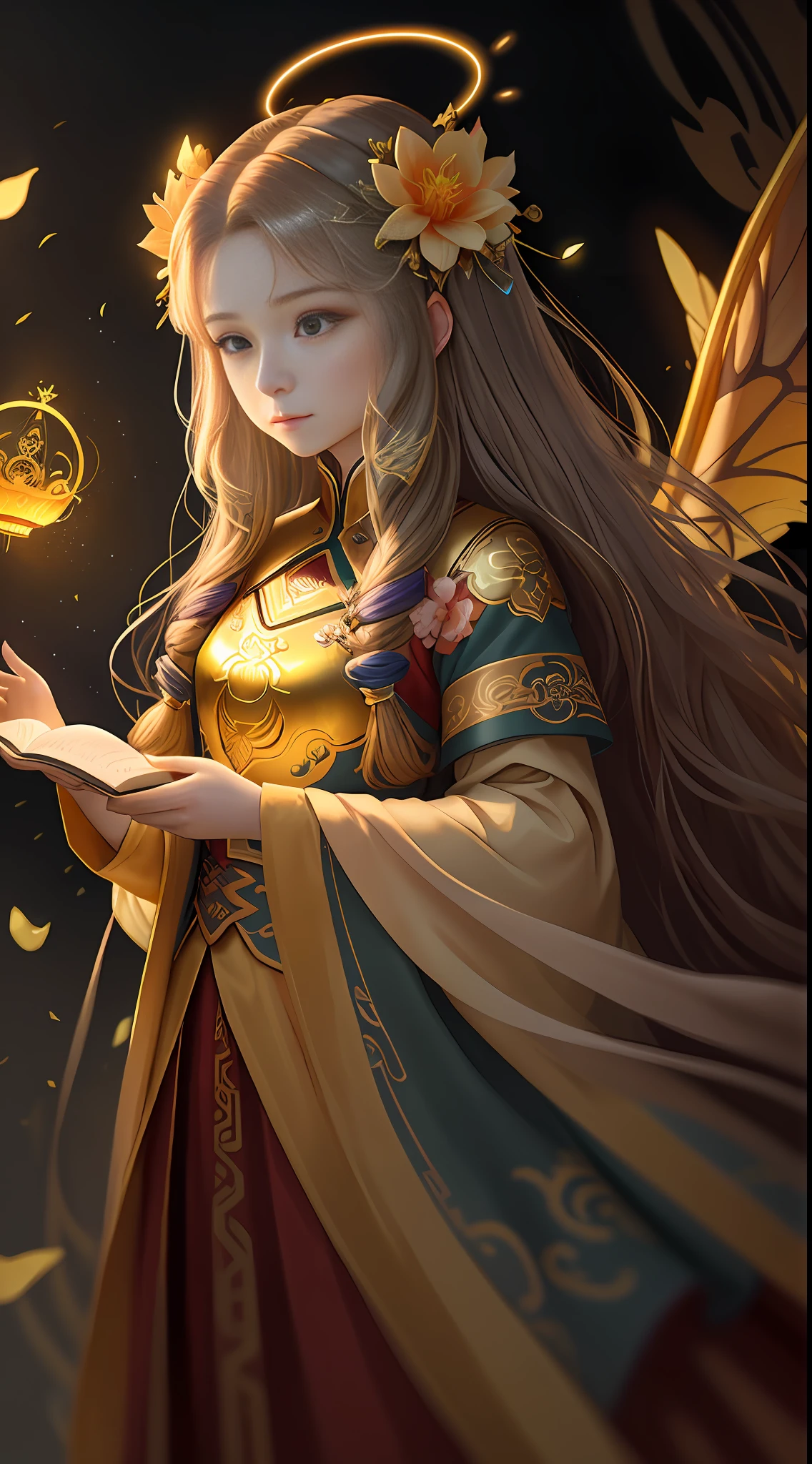 Masterpiece, best quality, 1 girl, long hair, (glow: 1.15), (halo: 1.1), (flower: 1.15), (monarch: 1.05), long coat, surrounded by Chinese dragons
