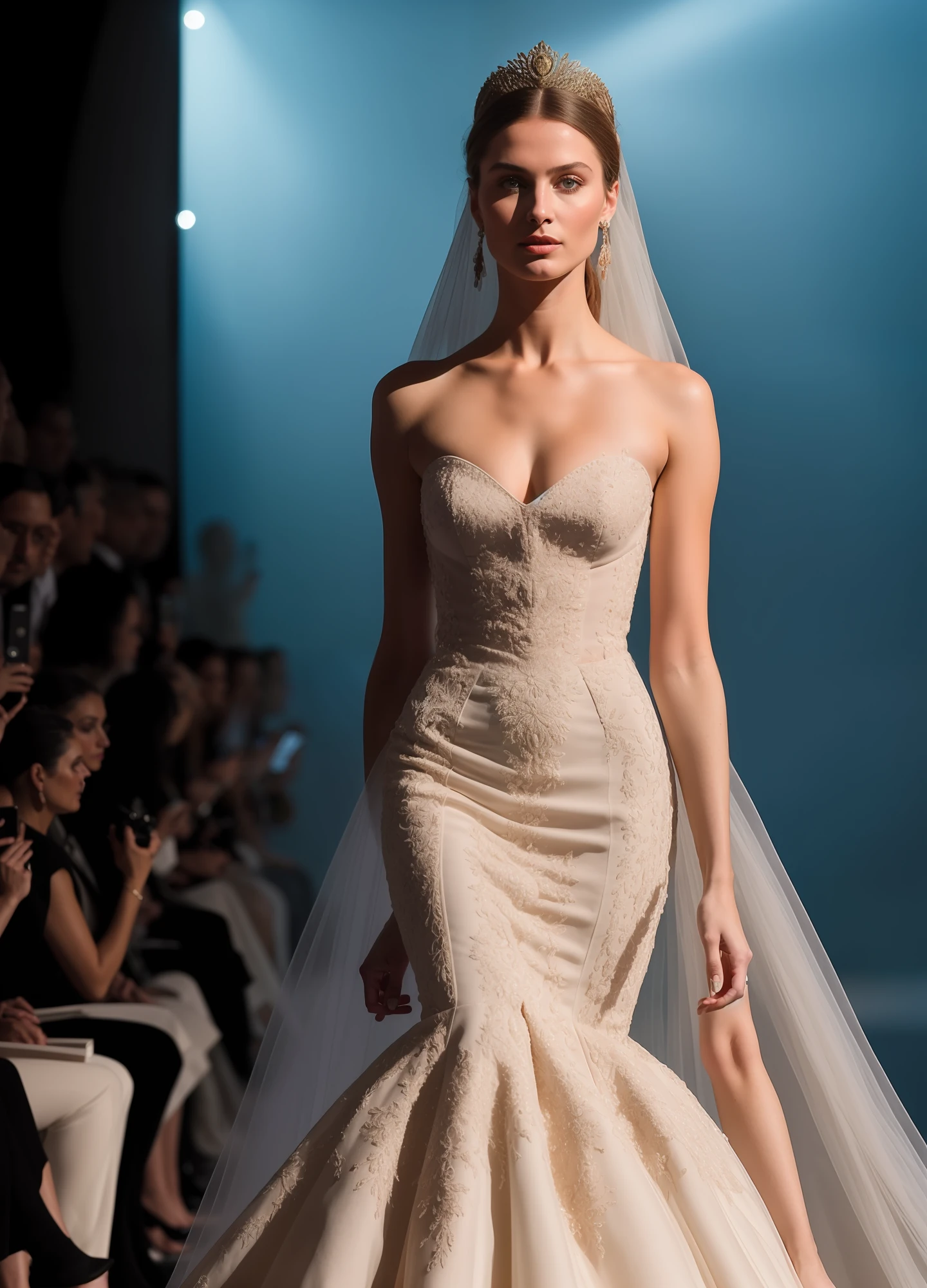 A hyper realistic ultra detailed photograph of a beautiful female supermodel walking down a runway at a Fashion Show, wearing a wedding dress, stunningly beautiful young woman in very high slit rich material wedding dress, spotlight, detailed symmetric beautiful hazel eyes, haute couture, delicate and beautiful face, trending on cg society, official valentino editorial, moonlight, medium symmetry, behance contest winner, portrait featured on unsplash, stylized digital art, smooth, ultra high definition, 8k, unreal engine 5, ultra sharp focus, award-winning photograph, Canon EOS 5D Mark IV DSLR, f/8, ISO 100, 1/250 second, TanvirTamim, trending on artstation, by artgerm, h. r. giger and beksinski, highly detailed, vibrant