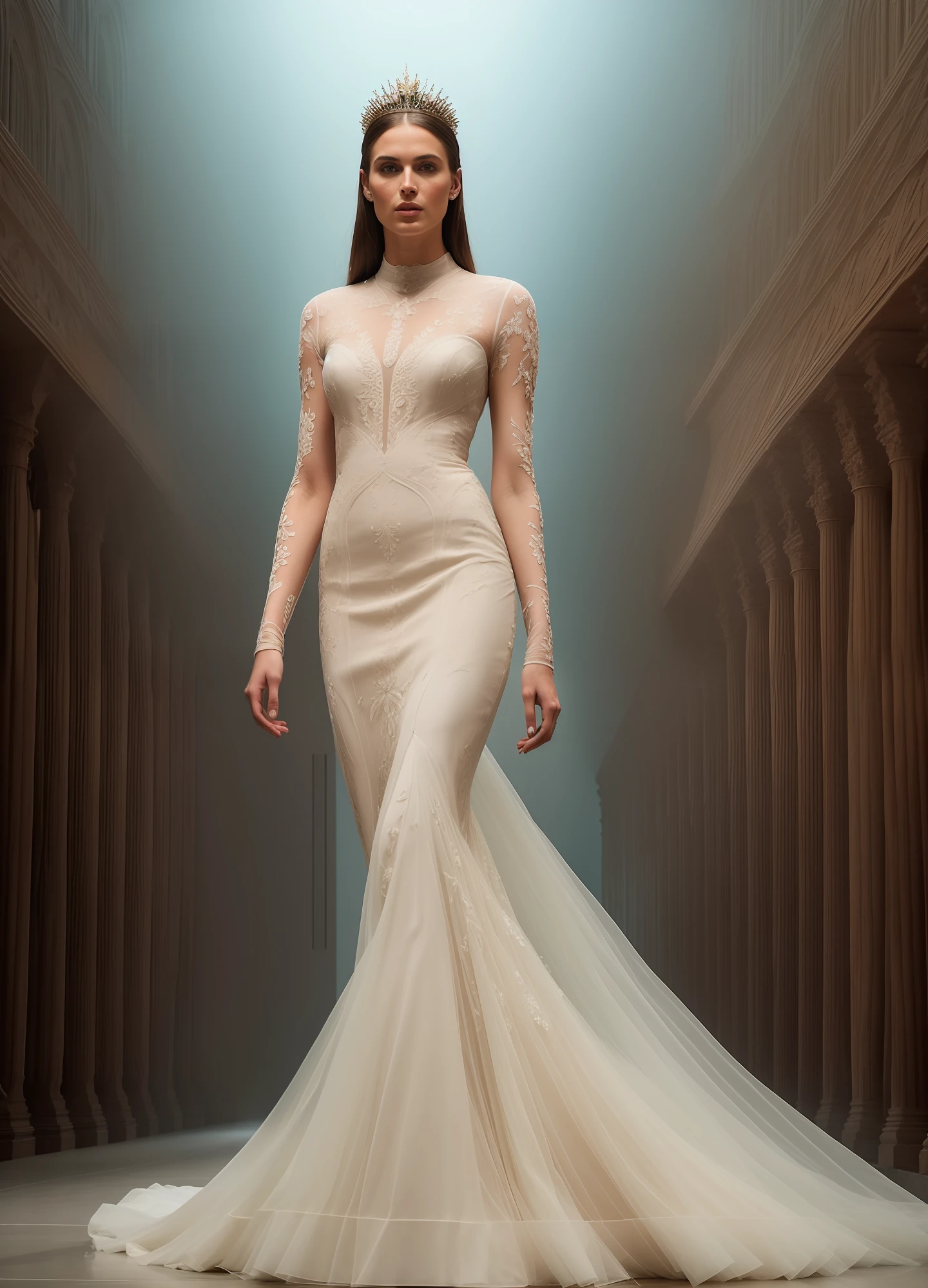A hyper realistic ultra detailed photograph of a beautiful female supermodel walking down a runway at a Fashion Show, wearing a wedding dress, stunningly beautiful young woman in very high slit rich material wedding dress, spotlight, detailed symmetric beautiful hazel eyes, haute couture, delicate and beautiful face, trending on cg society, official valentino editorial, moonlight, medium symmetry, behance contest winner, portrait featured on unsplash, stylized digital art, smooth, ultra high definition, 8k, unreal engine 5, ultra sharp focus, award-winning photograph, Canon EOS 5D Mark IV DSLR, f/8, ISO 100, 1/250 second, TanvirTamim, trending on artstation, by artgerm, h. r. giger and beksinski, highly detailed, vibrant