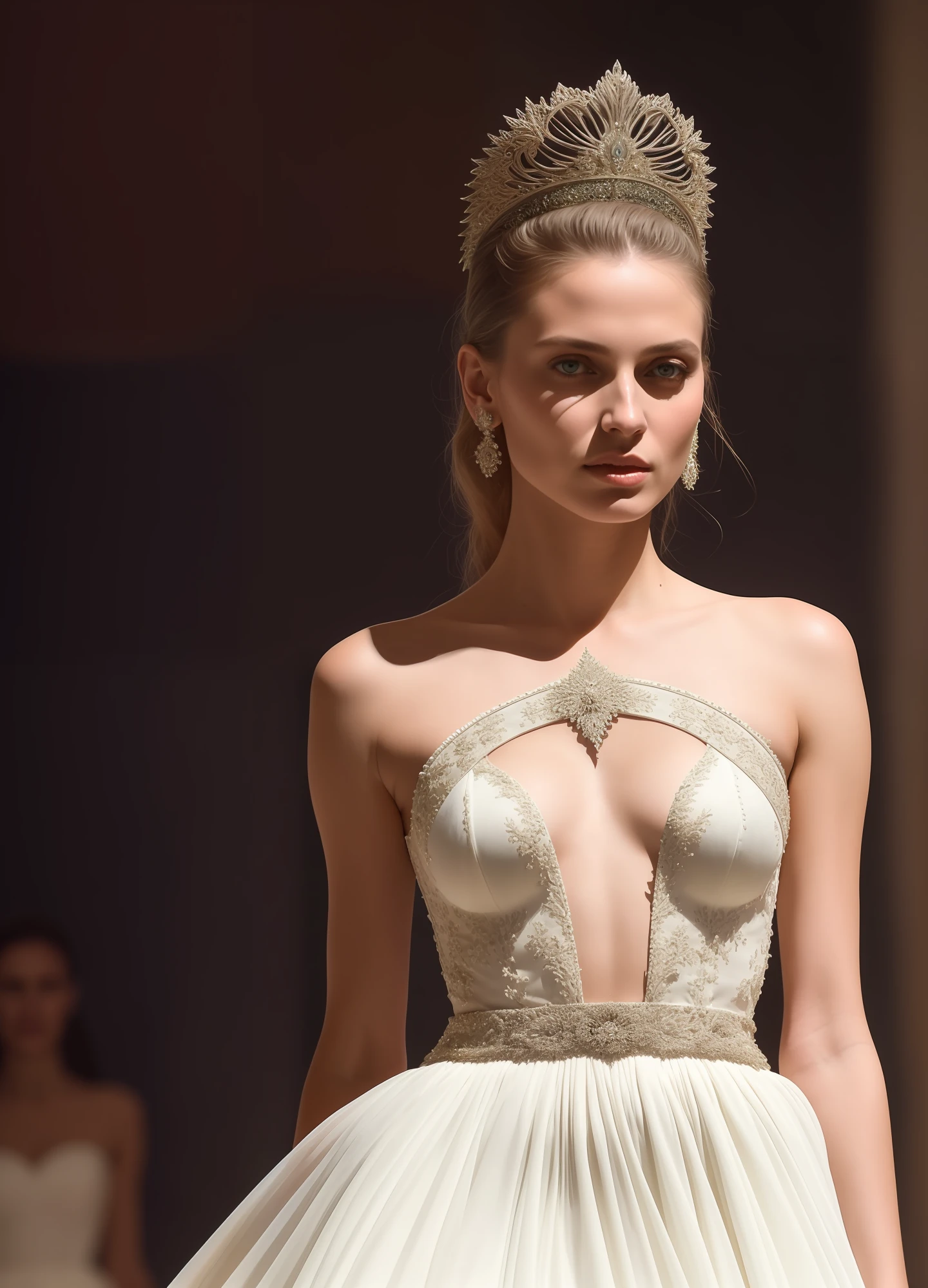 A hyper realistic ultra detailed photograph of a beautiful female supermodel walking down a runway at a Fashion Show, wearing a wedding dress, stunningly beautiful young woman in very high slit rich material wedding dress, spotlight, detailed symmetric beautiful hazel eyes, haute couture, delicate and beautiful face, trending on cg society, official valentino editorial, moonlight, medium symmetry, behance contest winner, portrait featured on unsplash, stylized digital art, smooth, ultra high definition, 8k, unreal engine 5, ultra sharp focus, award-winning photograph, Canon EOS 5D Mark IV DSLR, f/8, ISO 100, 1/250 second, TanvirTamim, trending on artstation, by artgerm, h. r. giger and beksinski, highly detailed, vibrant