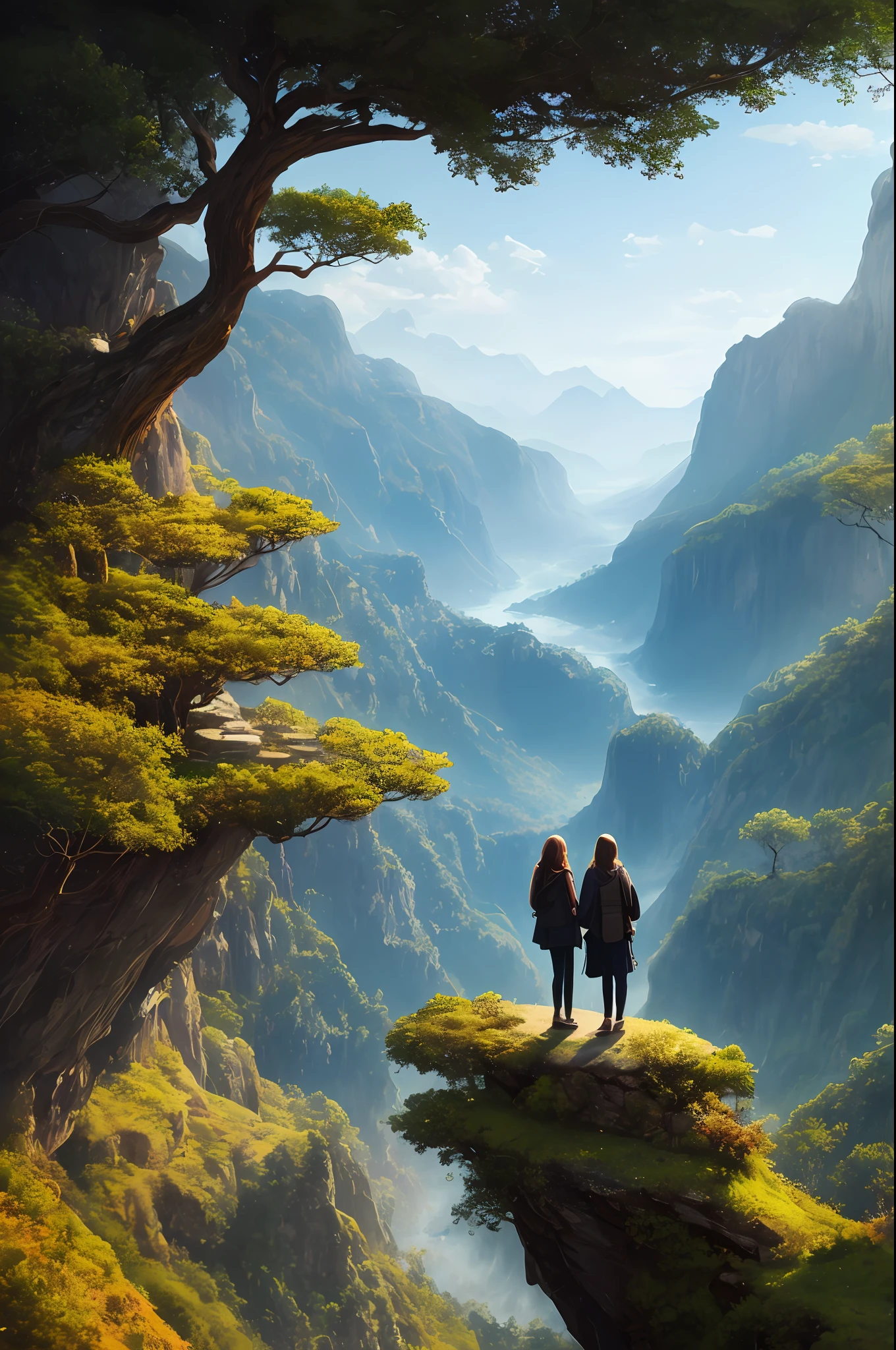 (Two women standing on a cliff overlooking a valley, looking very small), wearing neutral clothes, view from a higher place, dark evening, night, dark colors, clear photos, dslr, masterpiece, best quality, high quality, highly detailed CG unity 8k wallpaper, huge old trees, waterfalls, steep canyons, streams, fantasy forests, enchanting and dreamy scenes, no more than 2girl, artstation, digital illustrations, intricate and trendy dark colors,  Oil painting, Award Winning Photography, Bokeh, Depth of Field, HDR, Bloom, Chromatic Aberration, Photorealism, Very detailed, Trending at Artstation, Trending at CGsociety, Complex, High Detail, Dramatic, Art of Intermediate Travel