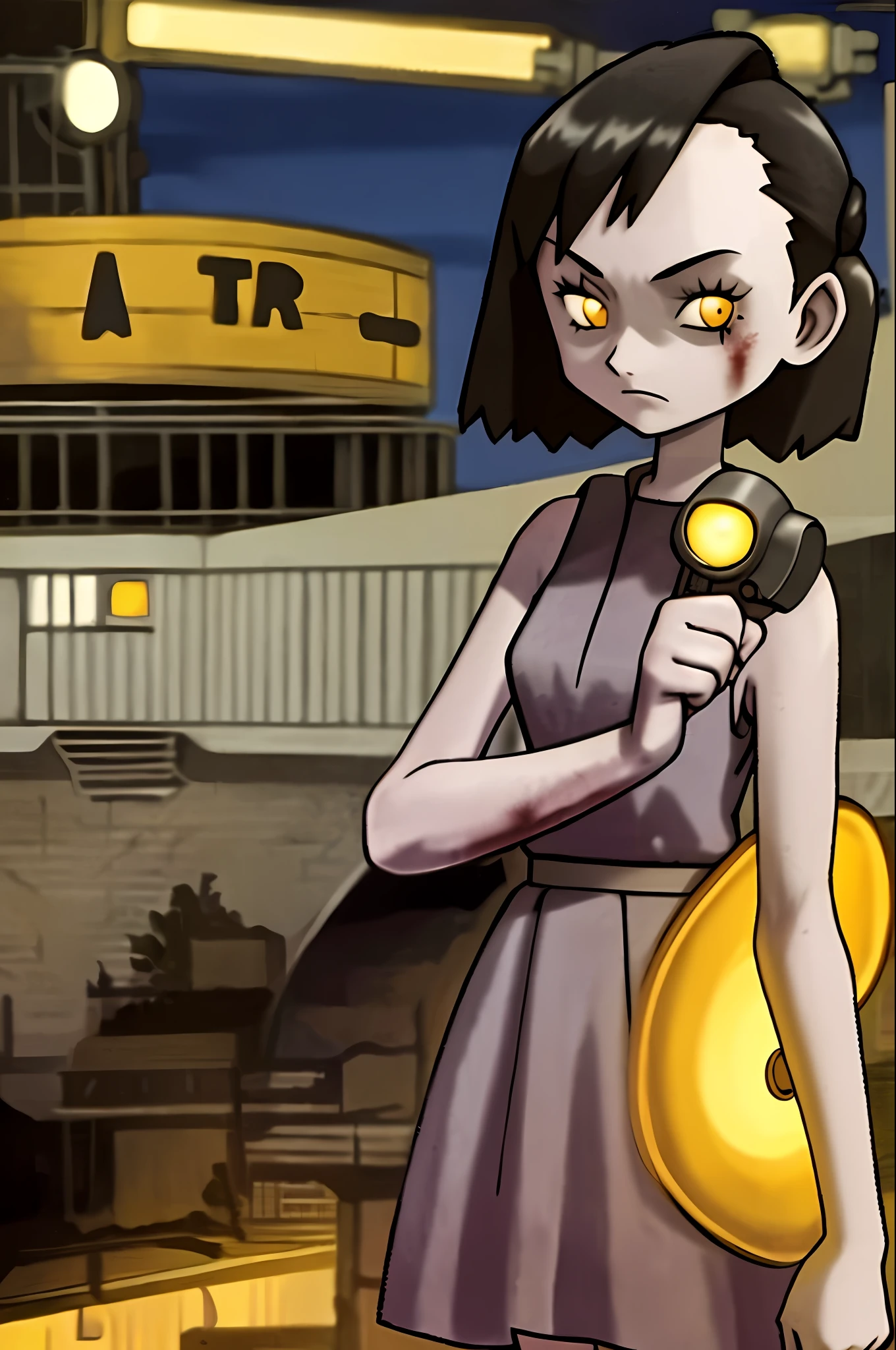 masterpiece, best quality, 1girl, lilsis, dirty, blood, muddy dress, black hair, dress, horror \(theme\), solo, yellow eyes, dark, yellow sclera, glowing eyes, solo, dark, city background, night  sky, neon city light,