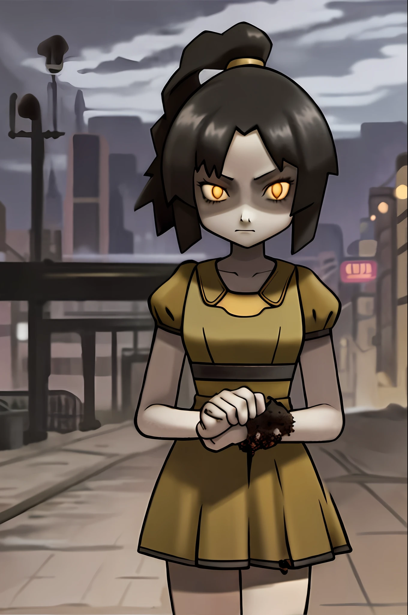 masterpiece, best quality, 1girl, lilsis, dirty, blood, muddy dress, black hair, dress, horror \(theme\), solo, yellow eyes, dark, yellow sclera, glowing eyes, solo, dark, city background, night sky, neon city light,