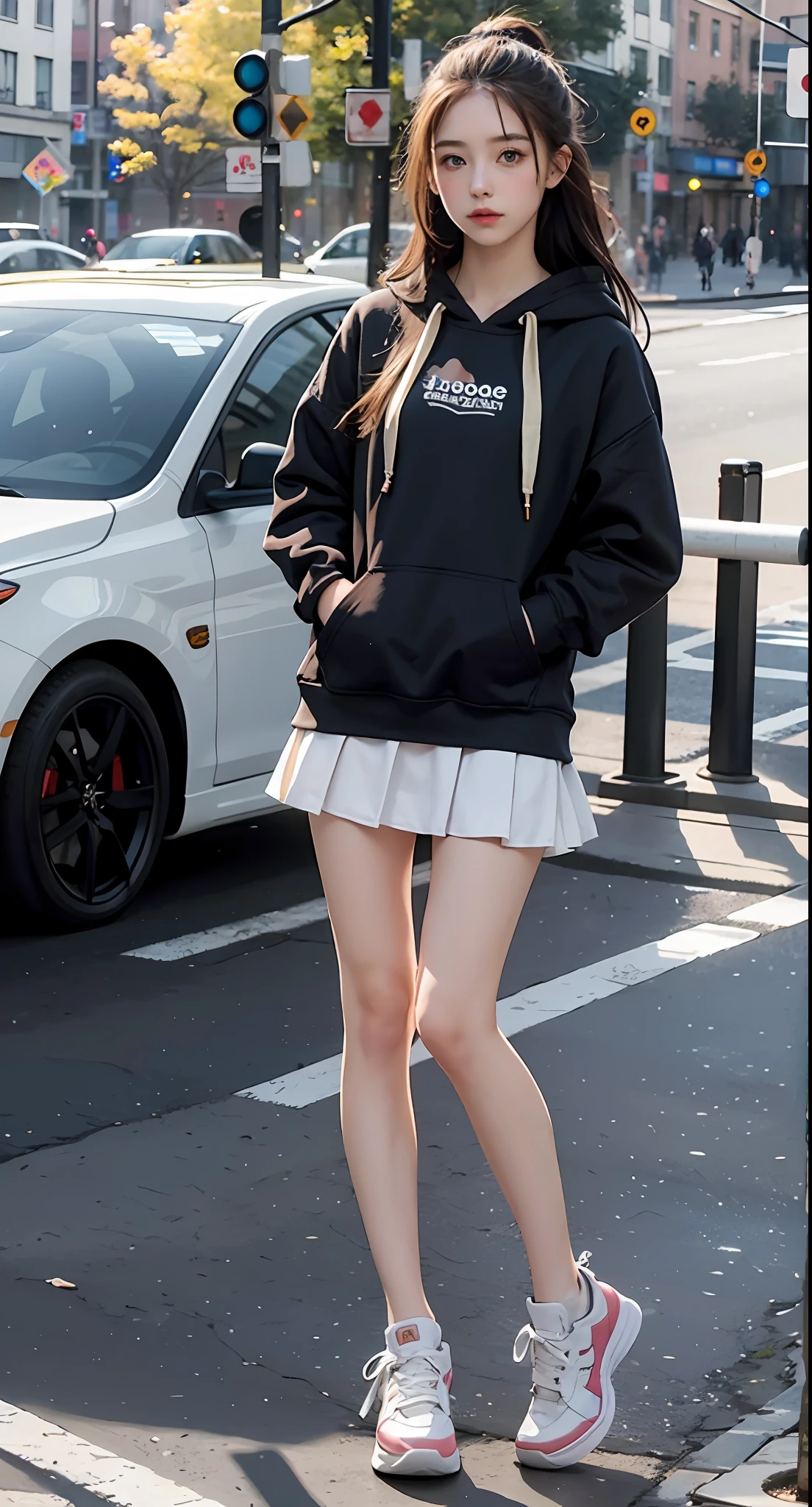 maasterpiece, best quality
(1girl), beautiful schoolgirl, cute, beautiful girl, petite, (flat chest), porcelain skin, pale skin, very long hair, 
(oversized hoodie), bare legs, sneakers,

bustling city, full body, body shot,
ultra realistic, ultra detailed, photo realistic, photorealism, detailed, realistic skin, detailed,  photorealistic,