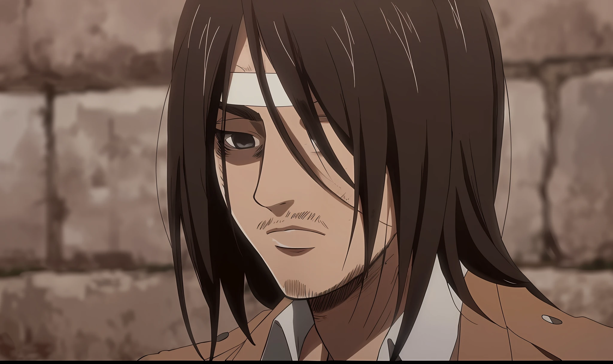 best quality, masterpiece, (realistic: 1.2), 1 man, Eren Jaeger, black jeans, black pants, brown hair, attack on Titan, cold background, black jacket, slim body, high definition, high quality, black clothes