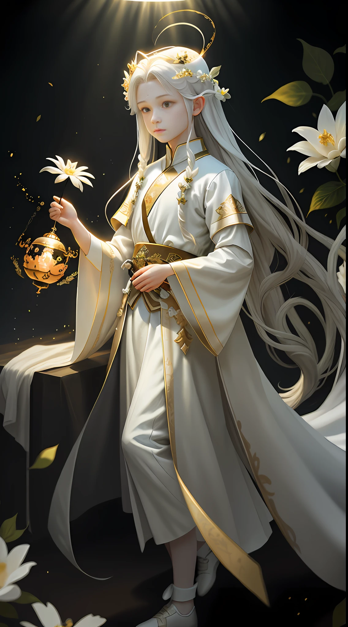 Masterpiece, best quality, 1 boy, long hair, white, (glow: 1.15), (halo: 1.1), (flower: 1.15), (monarch: 1.05), long coat, dragon, tai chi, sword