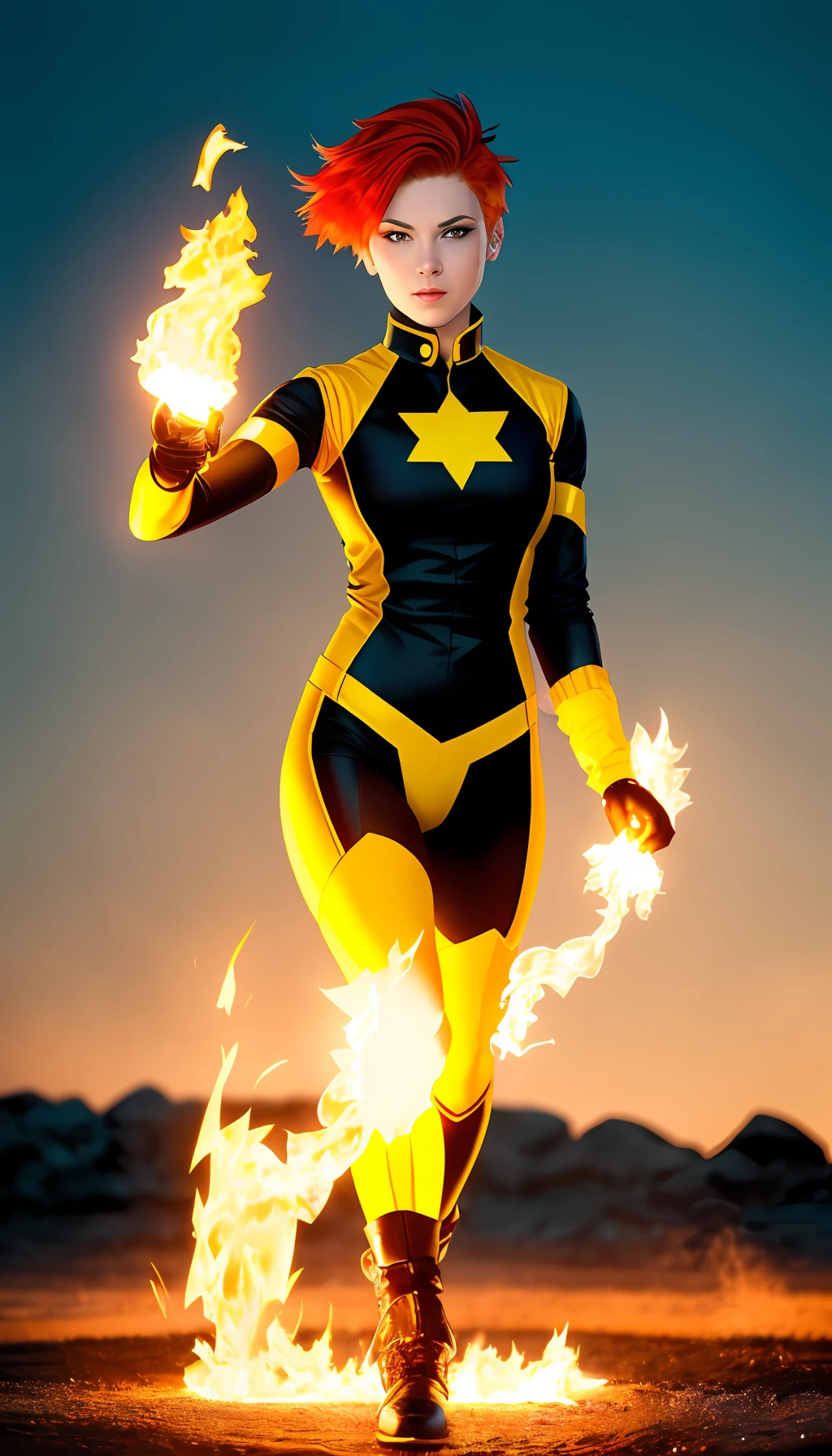 Crystal Girl by X-Men, yellow and black uniform, short red hair, fire and water in a hand,