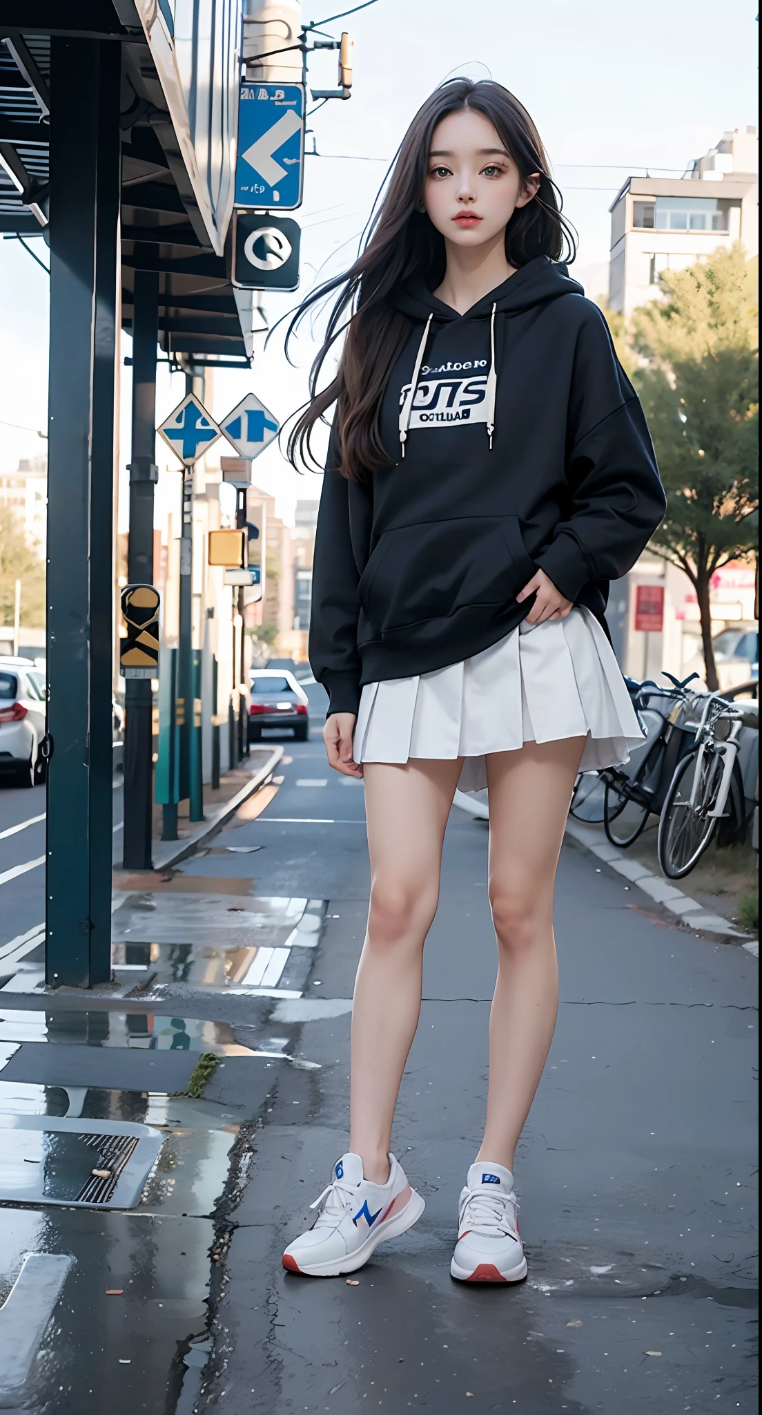 maasterpiece, best quality
(1girl), beautiful schoolgirl, cute, beautiful girl, petite, (flat chest), porcelain skin, pale skin, very long hair, 
(oversized hoodie), bare legs, sneakers,

bustling city, full body, body shot,
ultra realistic, ultra detailed, photo realistic, photorealism, detailed, realistic skin, detailed,  photorealistic,