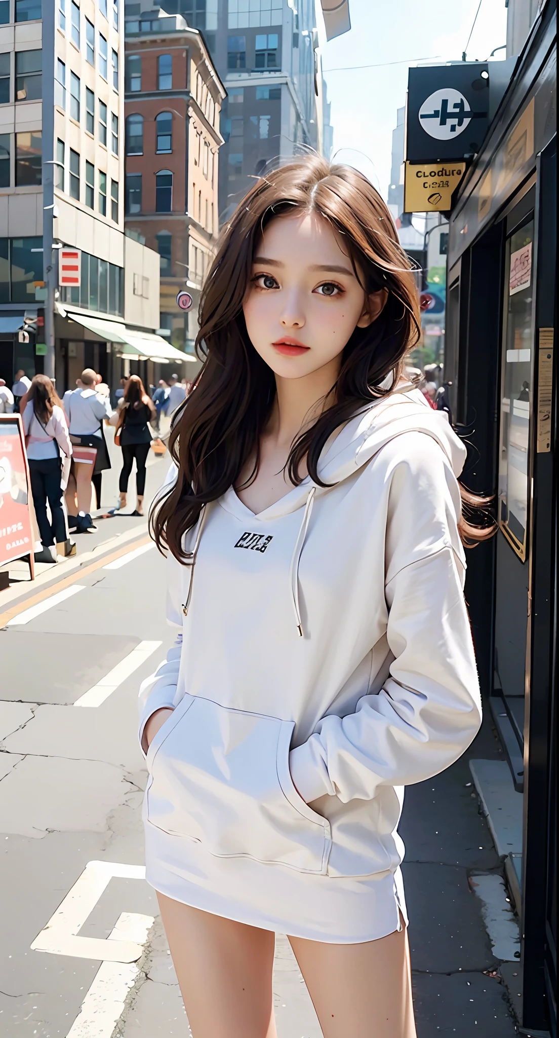 maasterpiece, best quality
(1girl), beautiful schoolgirl, cute, beautiful girl, petite, (flat chest:1.3), porcelain skin, pale skin, very long hair, 
oversized hoodie,

bustling city, full body, body shot,
ultra realistic, ultra detailed, photo realistic, photorealism, detailed, realistic skin, detailed,  photorealistic,