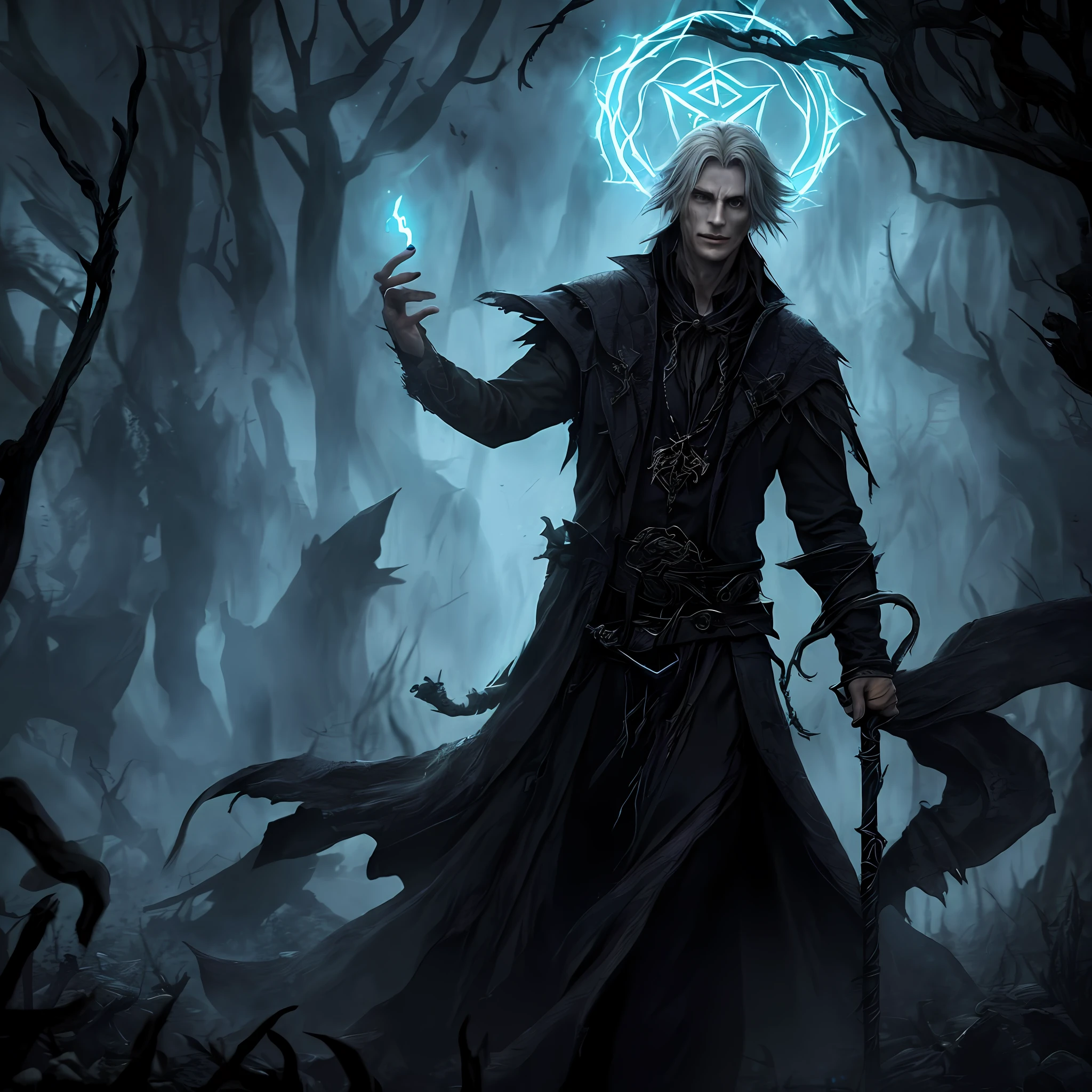 A feeble and aged warlock, garbed in a tattered black suit, with a twisted and crooked staff in his hand. Magical effects, glowing runes, dark forest, mystic atmosphere