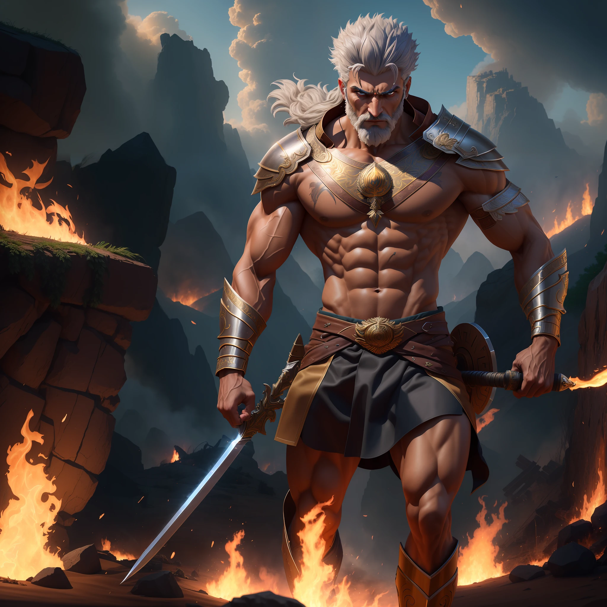 (masterpiece, best quality, ultra-detailed CG 8k wallpaper), intense atmosphere, silver-haired Varnathi warrior, athletic and strong body, fierce expressions, (1 or more), (hope: 1.2), (strength: 1.2), (battle scars: 1.1), (weapons: 1.1), dark and sandy scenery, heavy smoke and fire.