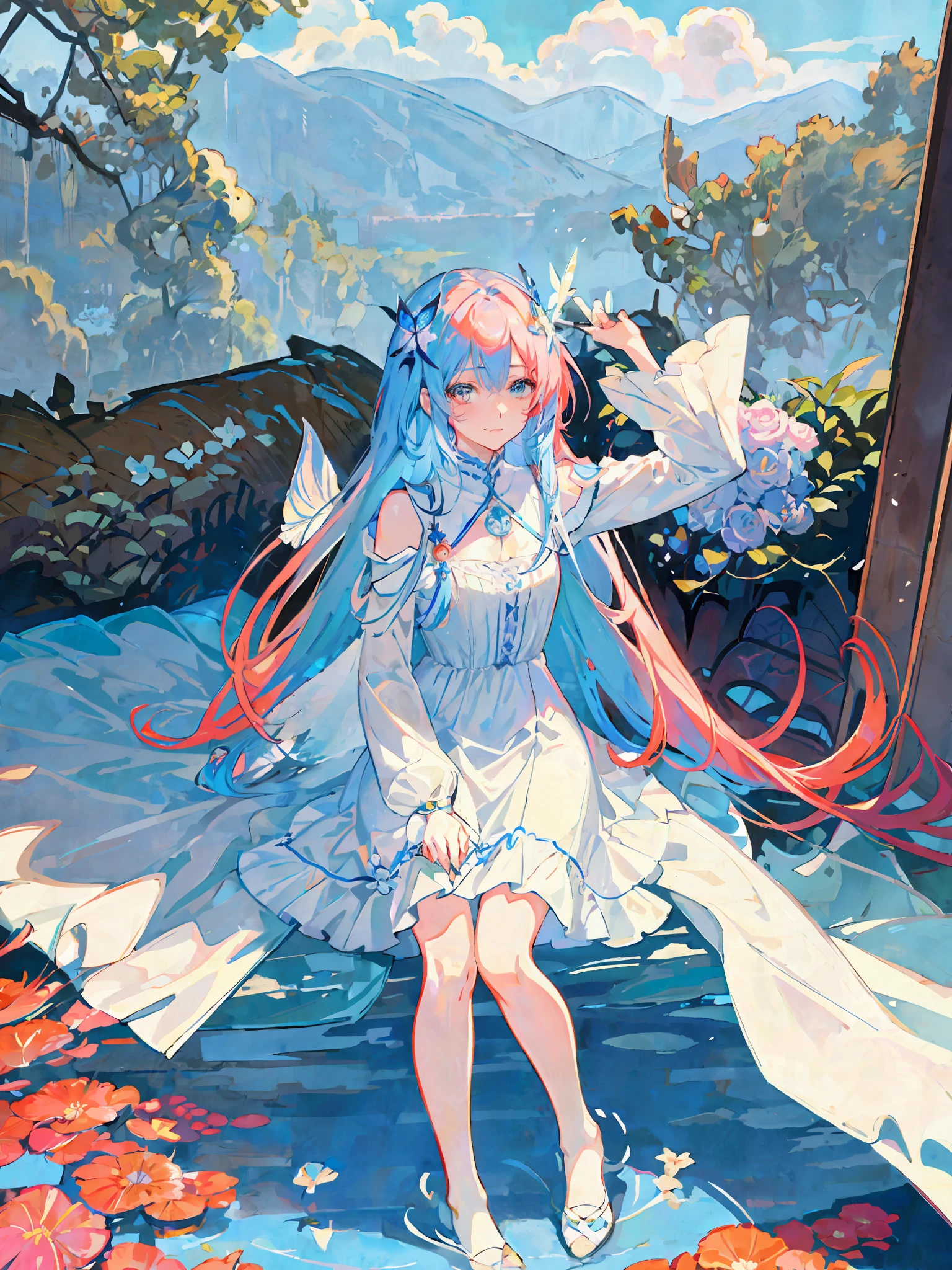 anime girl in a white dress with long blue hair and a blue umbrella, anime style 4 k, anime fantasy illustration, digital art on pixiv, beautiful anime artwork, anime art wallpaper 4k, anime art wallpaper 4 k, cute anime waifu in a nice dress, anime art wallpaper 8 k, beautiful anime art, pixiv contest winner, beautiful anime art style