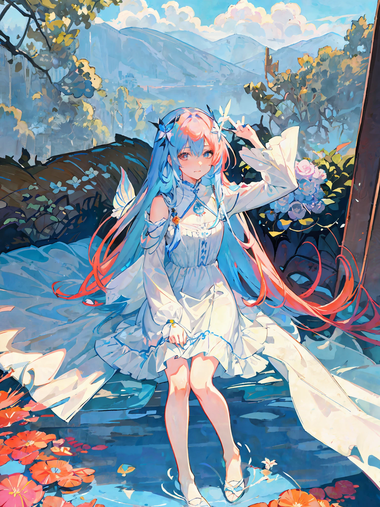 anime girl in a white dress with long blue hair and a blue umbrella, anime style 4 k, anime fantasy illustration, digital art on pixiv, beautiful anime artwork, anime art wallpaper 4k, anime art wallpaper 4 k, cute anime waifu in a nice dress, anime art wallpaper 8 k, beautiful anime art, pixiv contest winner, beautiful anime art style