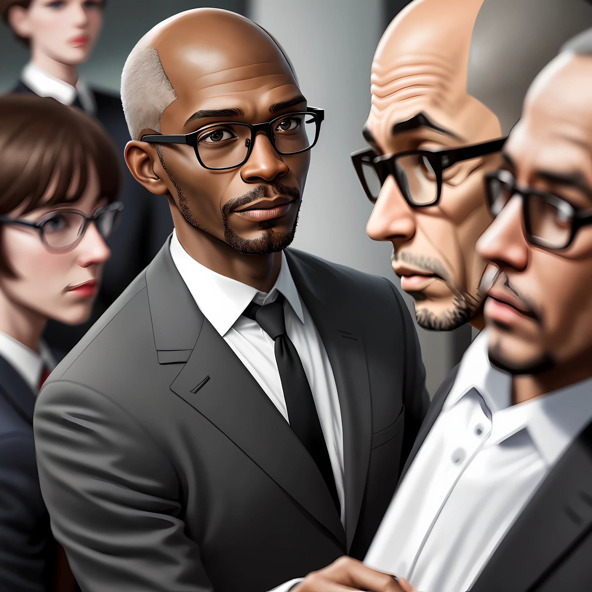 Benedict, drawing of a black man average age of 43 years bald glasses with hyper detailed face, wearing social clothes, in meeting room with several people, women, boys, graphics, hyperrealistic background, background blur.