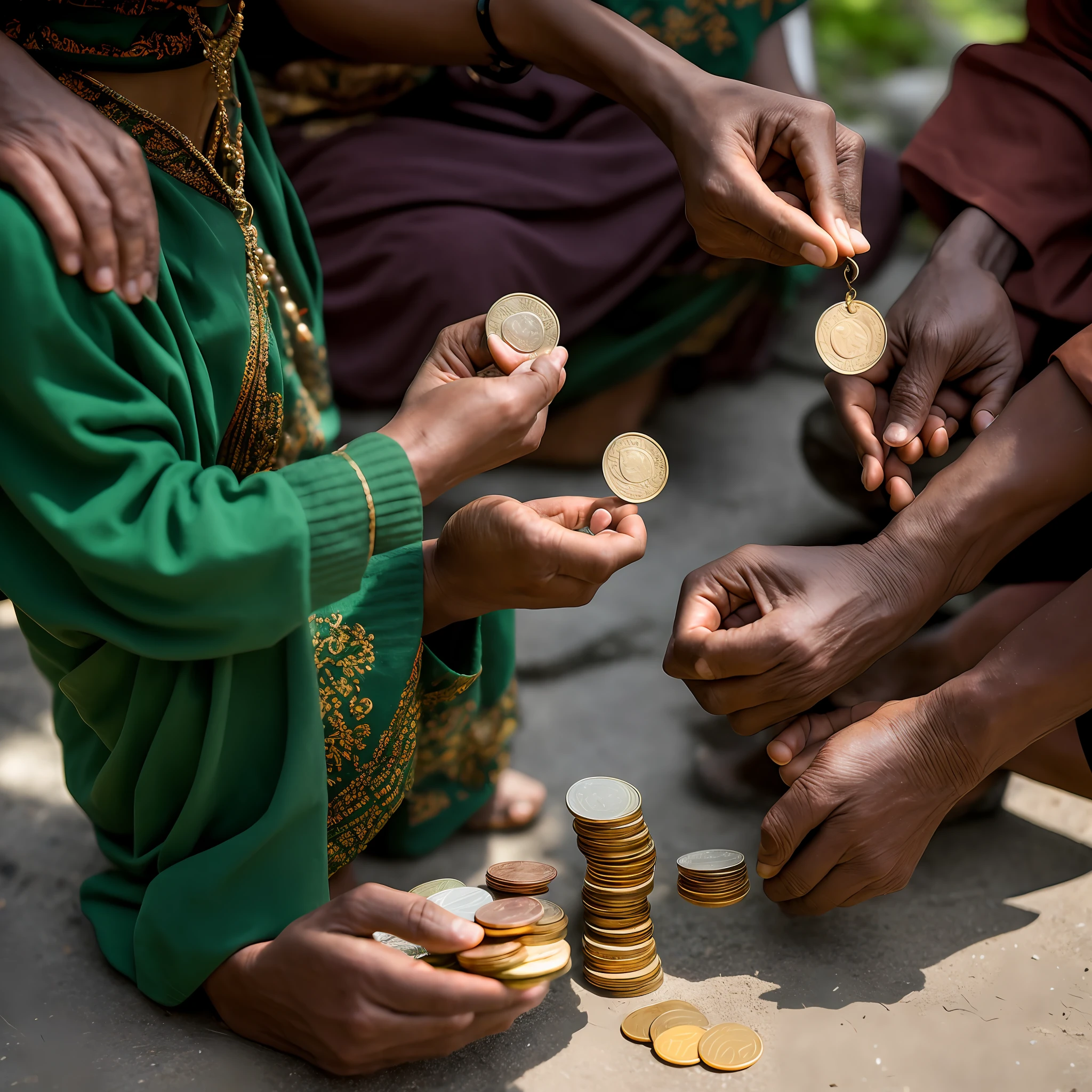 tarot, six of diamonds, a rich man, brown hair, dark green clothes, standing, gives alms to a very poor man and a poor woman, on the sidewalk, sitting on the ground, holds an old manual scale in his left hand, a coin in the other hand, a circle of six large coins, ultra realistic, photorealistic, 4k, highly detailed detail, intricate detail, 8k resolution --no malformed arms, malformed legs, mixed figures, malformed hands, malformed objects, malformed feet, extra fingers, extra limbs, frame, malformed face, extra arms, words, texts, out of frame, deformed, uglyness, additional arms, additional legs, additional head, extra people
