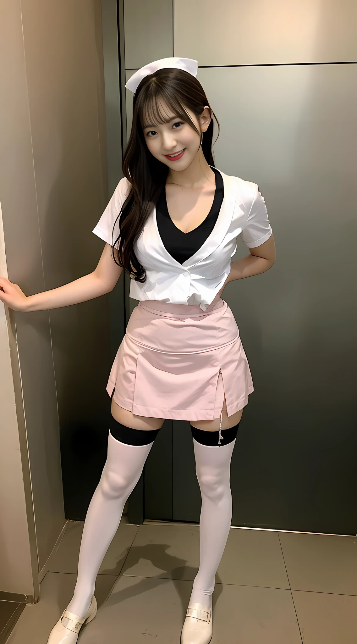 Full body, Japanese woman 20 years old, Earl, bewitching smile, nurse, seduction, appeal, skirt raising, erotic, naughty smell, stockings, dancing,