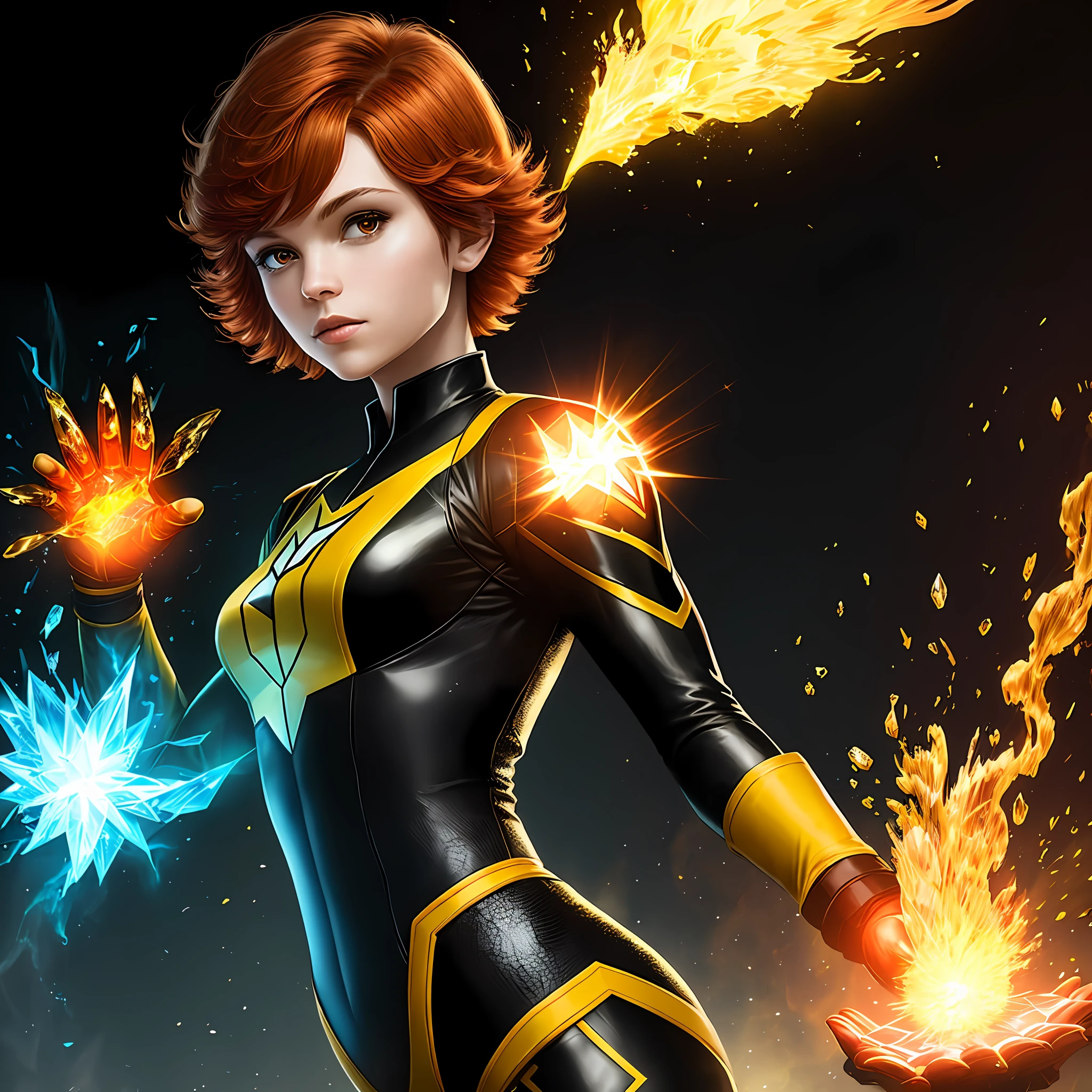 Crystal Girl by X-Men, yellow and black uniform, short red hair, fire and water in a hand,