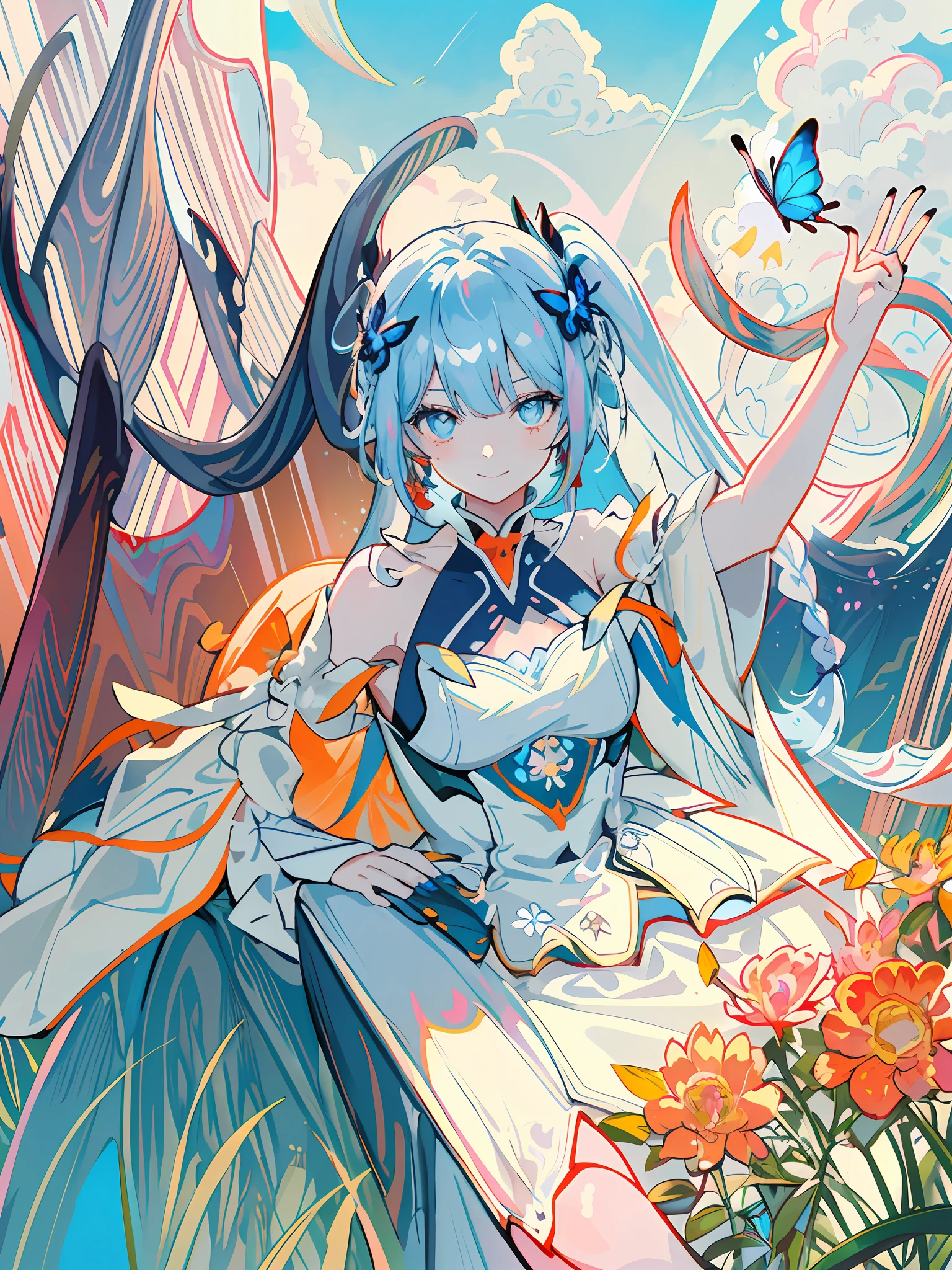 masterpiece, finely detailed beautiful eyes, glowing eyes, shiny hair, pastel red hair, light blue hair, light yellow hair, blunt bangs, (((psychedelic))), butterfly hair accessories, hair flowers, dress, 1girl, girl sitting on a futon, butterfly, flower, hair accessory, psychedelic hair, outdoors, solo, sky, blue nails, clouds, bangs, ((oneiric)), long sleeves, looking at viewer, blue butterfly, braid, dress, daytime, blue sky, drowsy, cloudy sky, Blushing, index finger raised, blue flowers, smiling, tarot cards, ((tarot))