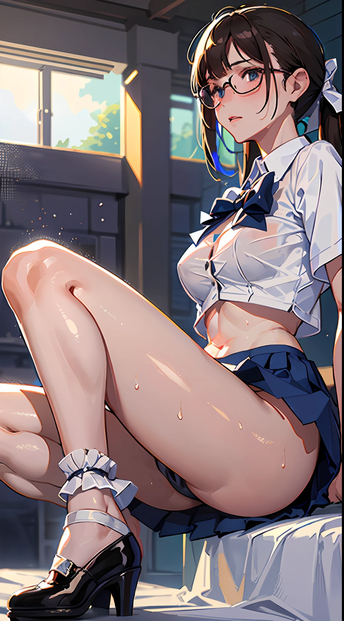 ENTP, realistic, photorealistic, colorful, great lighting, ultra-detailed, dynamic angle, masterpiece,(solo:1.1), perfect face, (bright lighting:1.2),beautiful detailed eyes, extremely detailed face, perfect lighting,masterpiece, best quality, solo, {hair (darkbrown), (2 ponytails)}, sunset, look up from below, back facing, falling flat, campus, navy blue skirt, white high school uniform, short sleeves, frills, stockings, high-heeled shoes, glasses, ribbon bows, sweaty, wet body, navel out, thighs out, buttocks, large breast, slim, slender, translucent, Embarrassed expression, blush