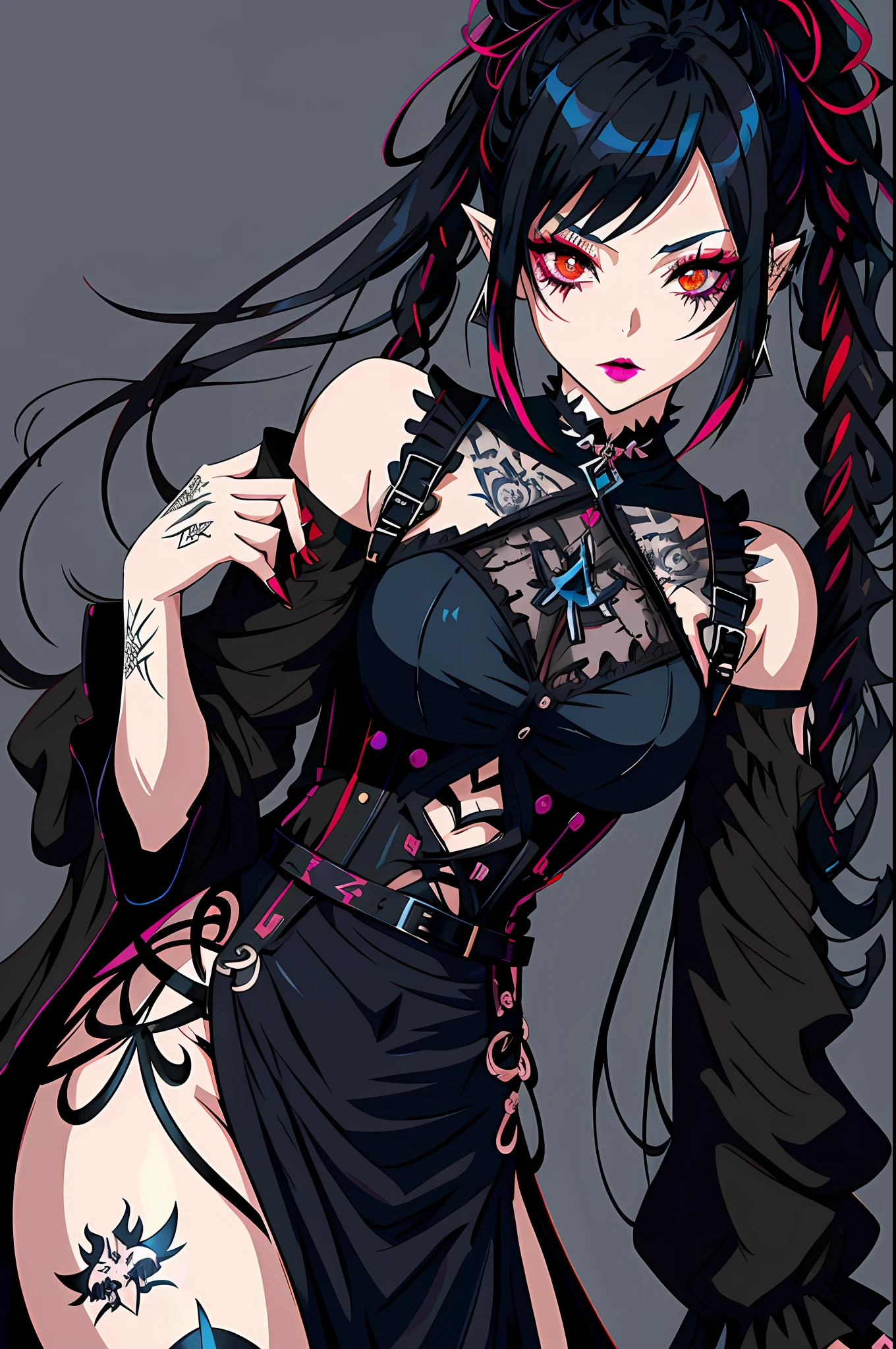 Anime goth girl,a [goth |barbarous |mysterious] [mature |young] gothic female with [curvy |thick |tone |curvy |thick |muscle] figure wearing [goth clothes | western clothes |intricate clothes |corset |loose sleeves] mix [dress |frill dress |indicate dress |belt |frill |cotton dress |short dress] and [lustful eye |creepy eyes |beautiful eye] red iris mix [lush lips | perky lips] and with white and black hair mix with light blue streaked hair, long hair [ hair over eye |braid | wavy hair] mix [messy hair |curly hair |messy hair] and [pointy ear |elf ears |long ears] and [star print |flower print] on clothes and wearing [make up |scaly | jewelry] , intricate tattoos, ((asymmetrical pose)), make up, blush, chromatic aberration, illustration,