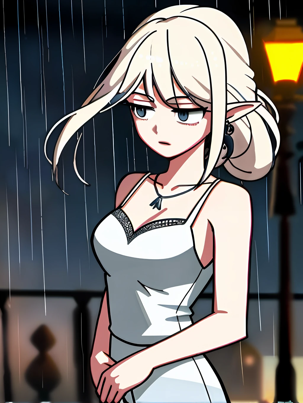 (standing on a dark street), (highway light), (discreet lighting), (night), random posture, (an extremely delicate and beautiful work), (masterpiece), 1 girl, a girl, a girl in a white dress, very detailed, leaky waist, twisted ponytail, charming expression, beautiful and clear eyes, beautiful and clear eyes, beautiful and clear eyes, delicate necklace, delicate earrings, fairy ears, simple blurred background, description of extreme details, beautiful, charming, ultra-fine painting, beautiful face, delicate figure, delicate figure, delicate figure, delicate figure, delicate figure, delicate figure, delicate figure, delicate figure, fine clavicles, fine clavices, fine clavices, fine clavices, Lips beautiful breasts, smooth buttocks, mix4, (8k, RAW photo, best quality, masterpiece: 1.2), (realistic, photorealistic: 1.37), 1 girl, cute, urban landscape, night, rain, humidity, professional lighting, photon mapping, radiosity, physics-based rendering,