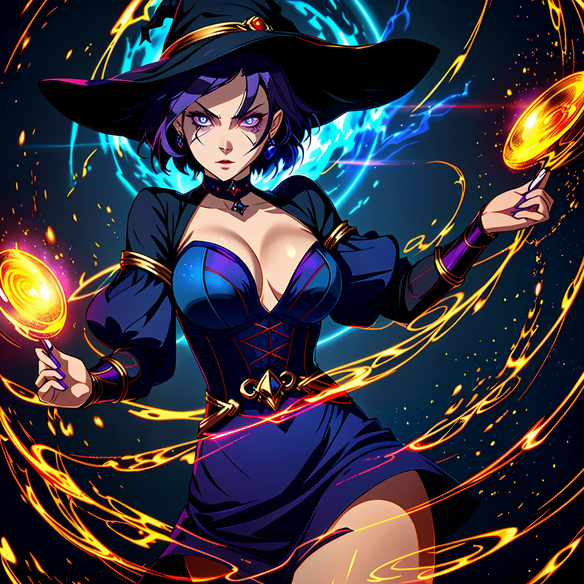 Beautiful Witch Woman,With Super Detailed Dark Blue Eye,Perfect,High Resolution,Ultra Quality,With Short Purple Hair,With A Mean Expression,Dropping Red Light From Hands,With A Golden Dress,Ultra,HD,4K,8K