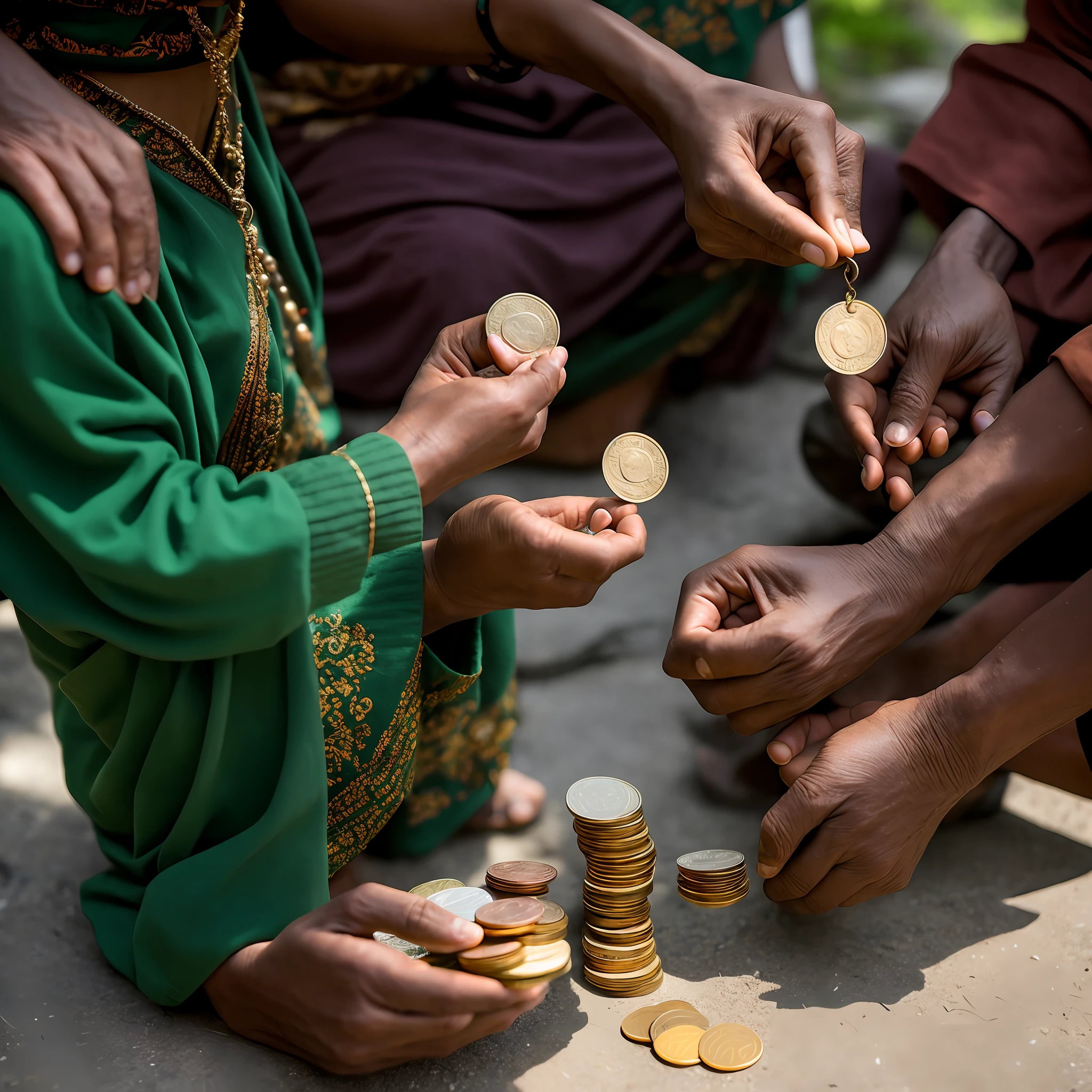 Tarot, six of golds, a rich man, brown hair, dark green clothes, standing, gives alms to a poor couple, on the sidewalk, sitting on the ground, holds an old hand scale in his left hand, a coin in his other hand, ultra realistic, photorealistic, 4k, highly detailed detail, intricate detail, 8k resolution