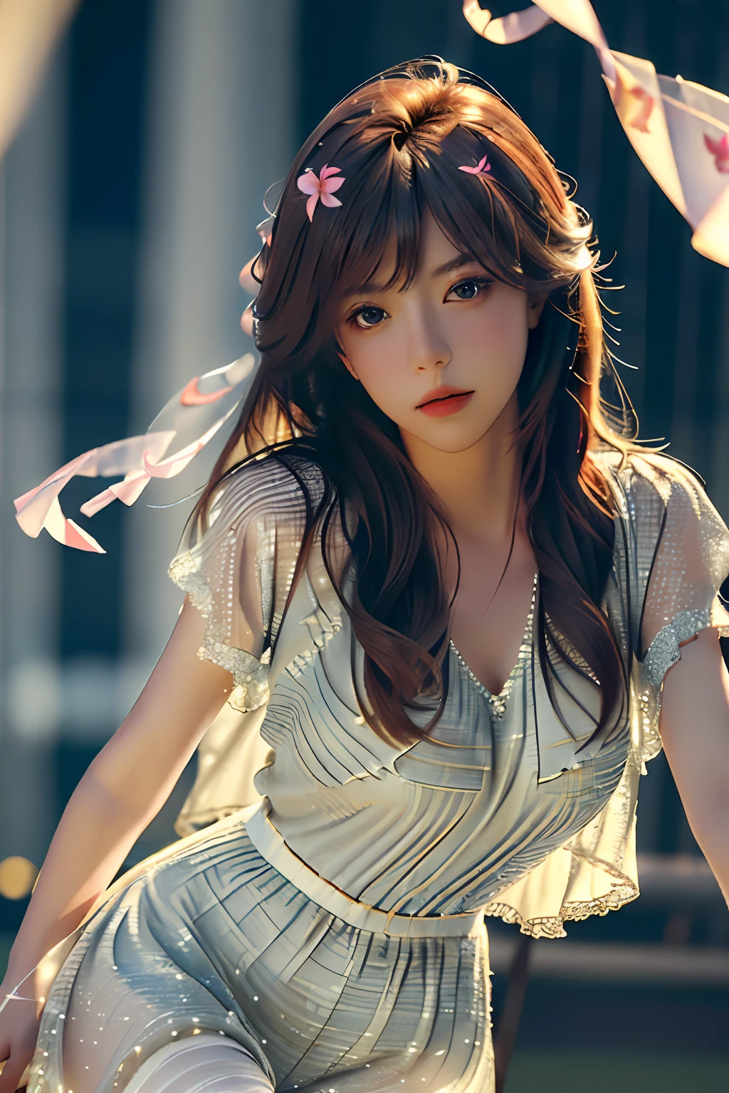 (Masterpiece, Best Quality, Realistic, Ultra High Resolution, 8K Original Photo: 1.2)
1 Girl, Pami, Cinematic Lighting, Bokeh, Lens Spot, Colored Streamers, Light Gauze Translucent Clothes, Lips Slightly Open, Low Angle View, Petals Flying, Single, Thigh Root, Photo Action, Blender