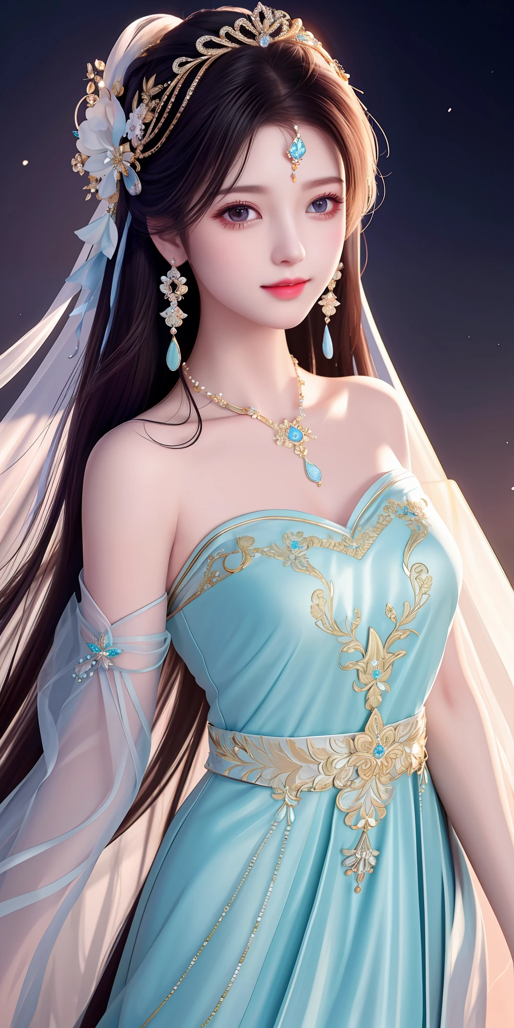 Best quality, masterpiece, high resolution, 1girl, clear silk porcelain dress, beautiful face, hair accessories, looking at the audience, smiling, close your mouth, lips, dress, hair accessories, necklaces, jewelry, long hair, earrings, beautiful face, on the body, Tindal effect, realism, dark studio, edge lighting, two-tone lighting, (high detail skin: 1.2), 8k UHD, DSLR, soft light, high quality, volumetric lighting, photo, high resolution 4K, 8k, blurred background